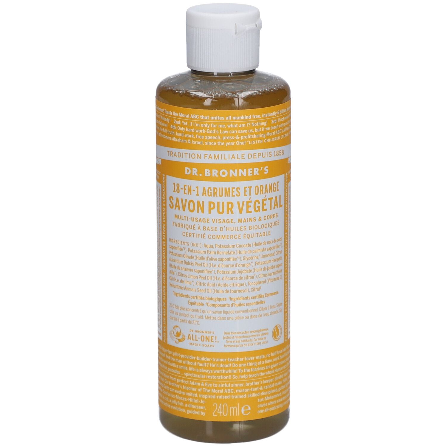 Vloeibare zeep in een transparante fles met witte dop. Etiket met tekst in geel en zwart. 240 ml.
