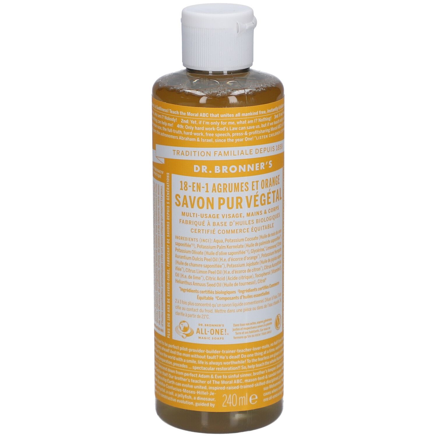 Vloeibare zeep in een transparante fles met witte dop. Etiket met tekst in geel en zwart. 240 ml.