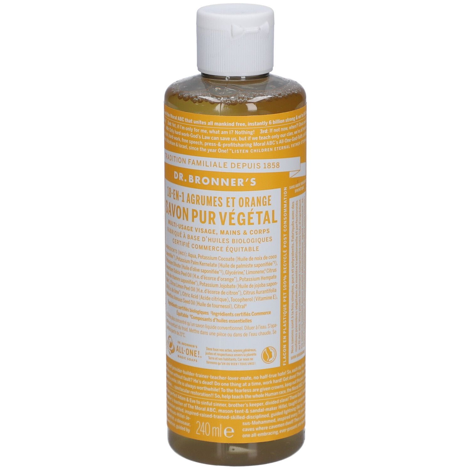 Vloeibare zeep in een transparante fles met witte dop. Etiket met tekst in geel en zwart. 240 ml.