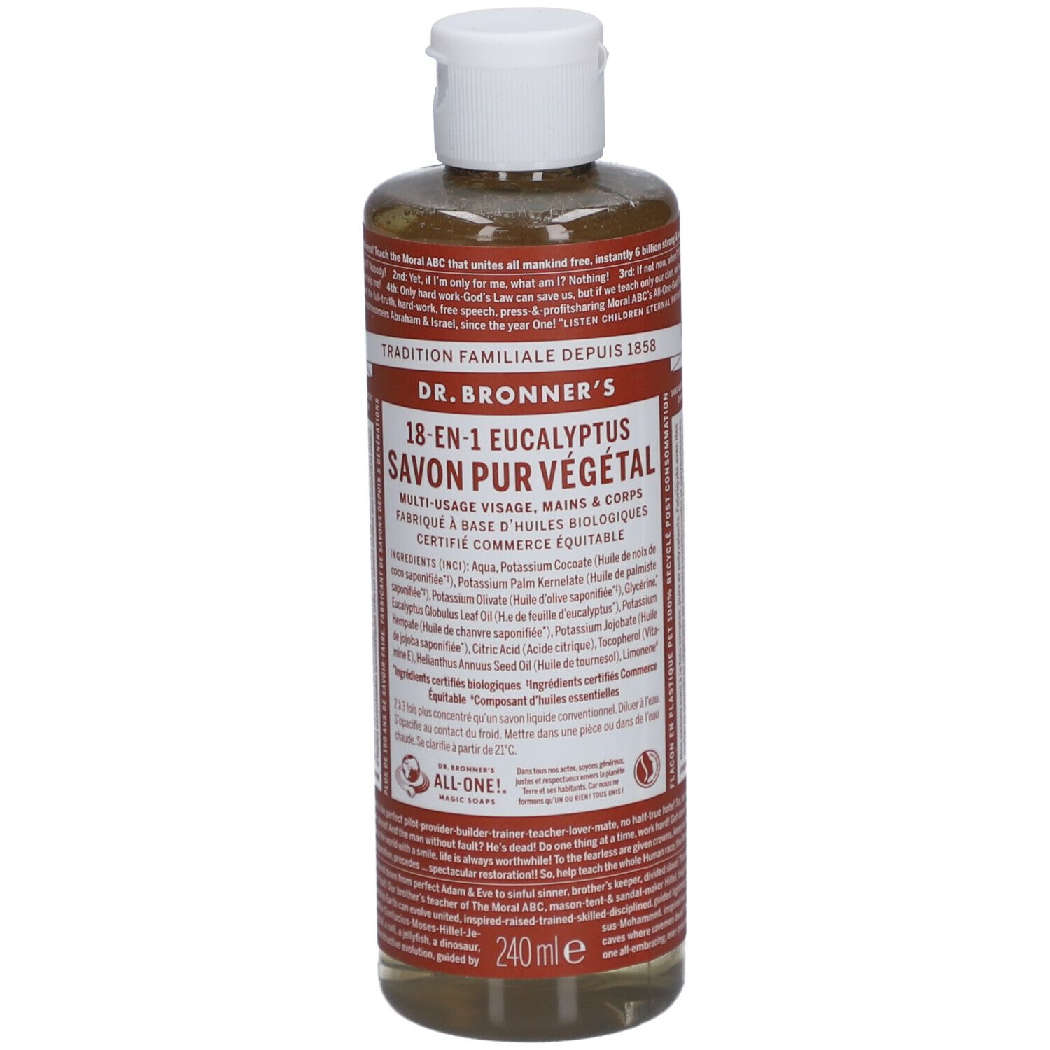 Savon liquide Eucalyptus Dr. Bronner's. Bouteille avec bouchon blanc. Étiquette avec informations et ingrédients.