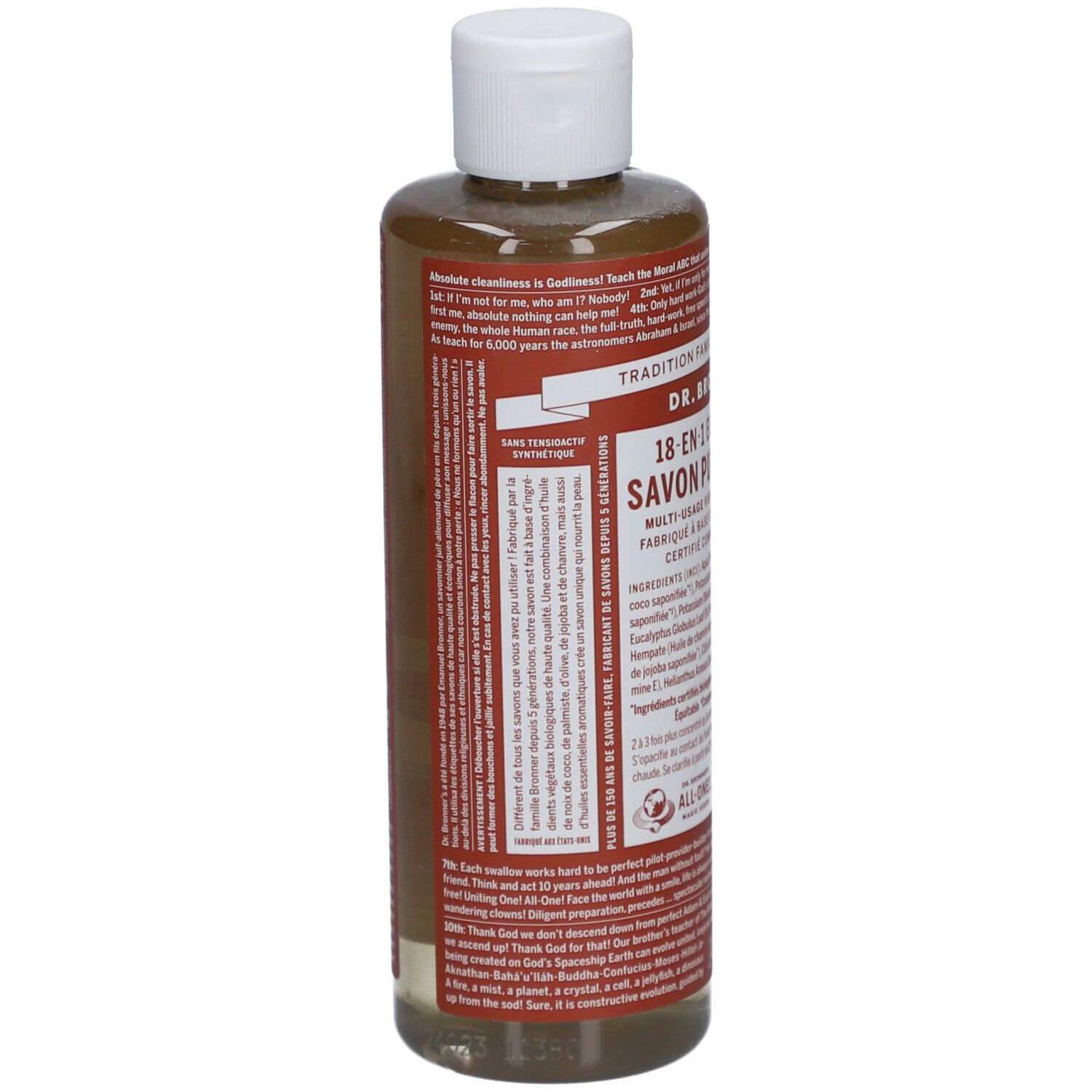 Dos du savon liquide Eucalyptus Dr. Bronner's. Étiquette avec texte, ingrédients et certifications.