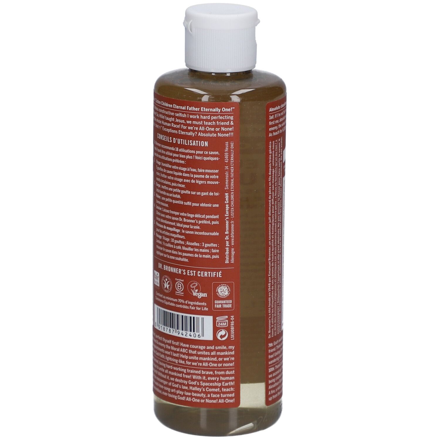Dos du savon liquide Eucalyptus Dr. Bronner's. Étiquette avec texte, ingrédients et certifications.