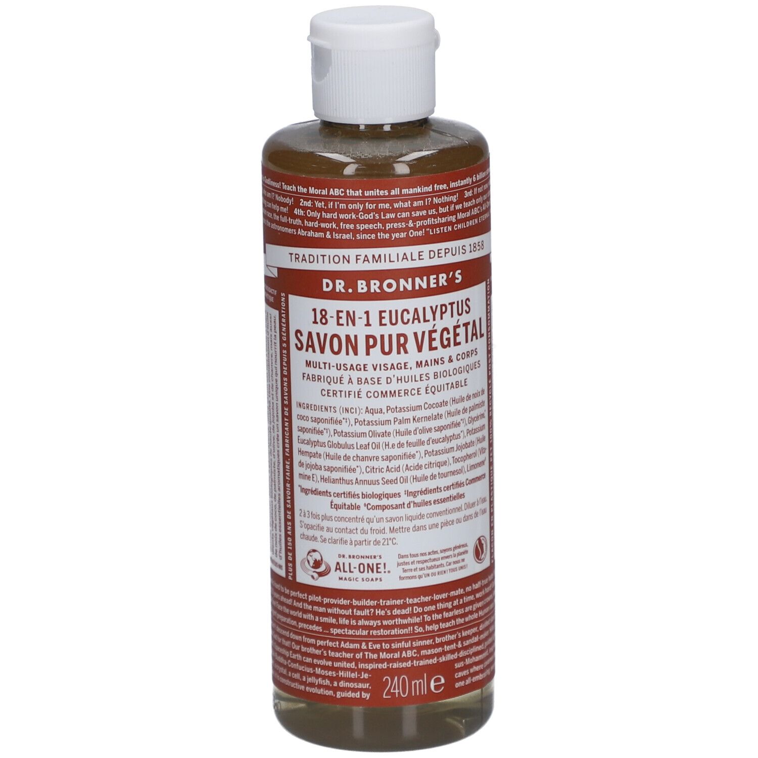 Savon liquide Eucalyptus Dr. Bronner's. Bouteille avec bouchon blanc. Étiquette avec informations et ingrédients.