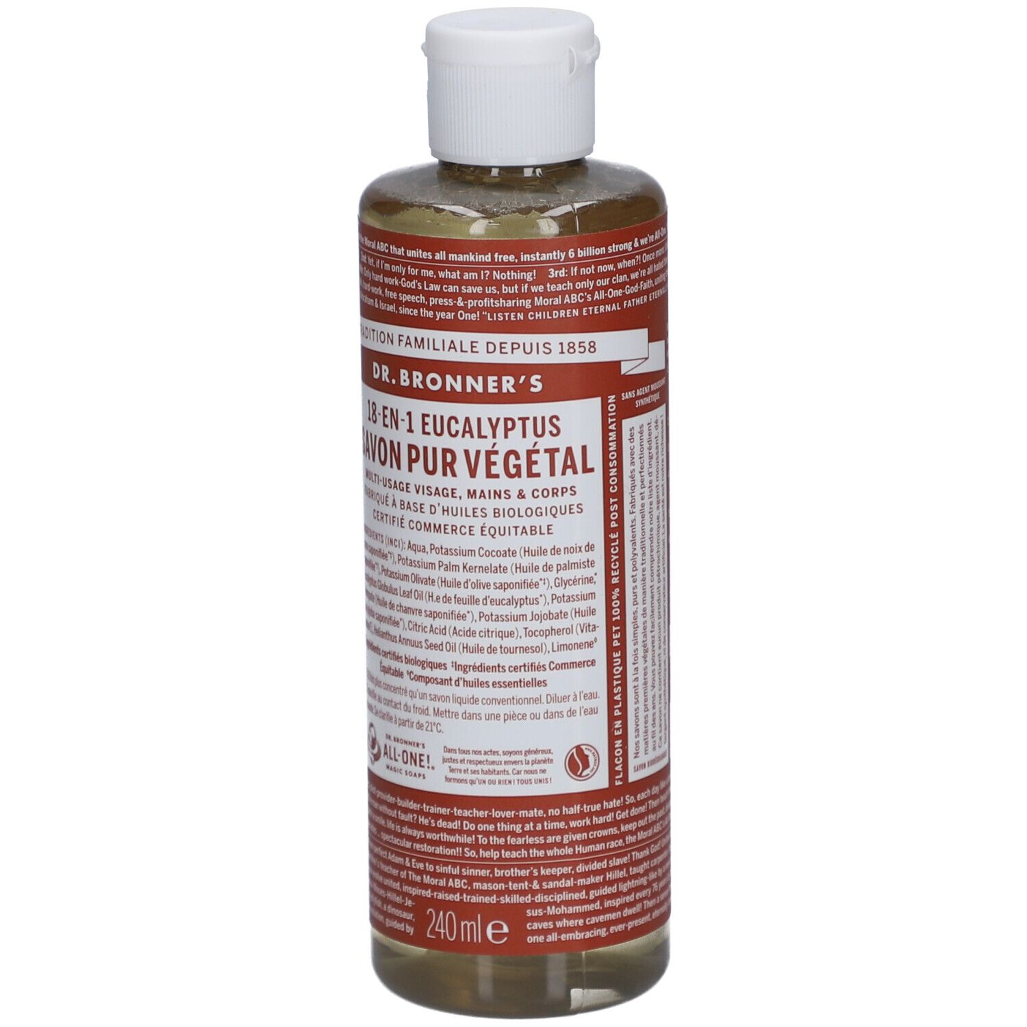 Savon liquide Eucalyptus Dr. Bronner's. Bouteille avec bouchon blanc. Étiquette avec informations et ingrédients.