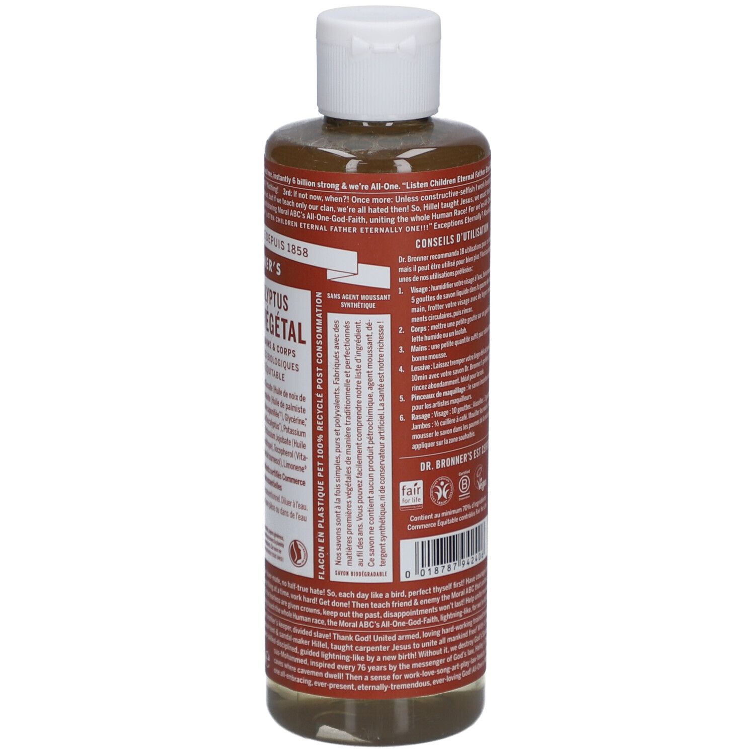 Dos du savon liquide Eucalyptus Dr. Bronner's. Étiquette avec texte, ingrédients et certifications.