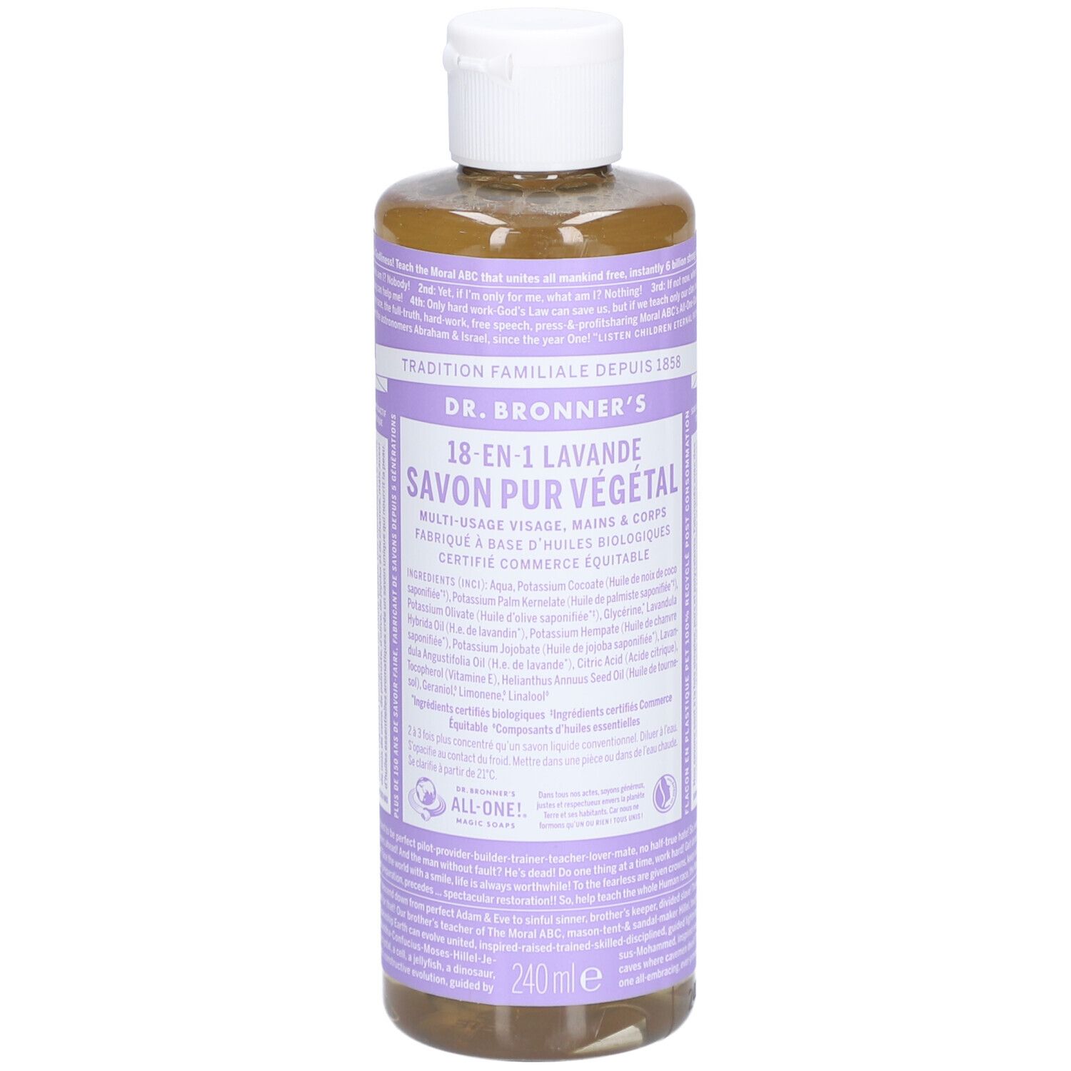 Fles vloeibare zeep. Opschrift: DR. BRONNER'S 18-in-1 Lavande Savon Pur Végétal. Witte dop, paars etiket.