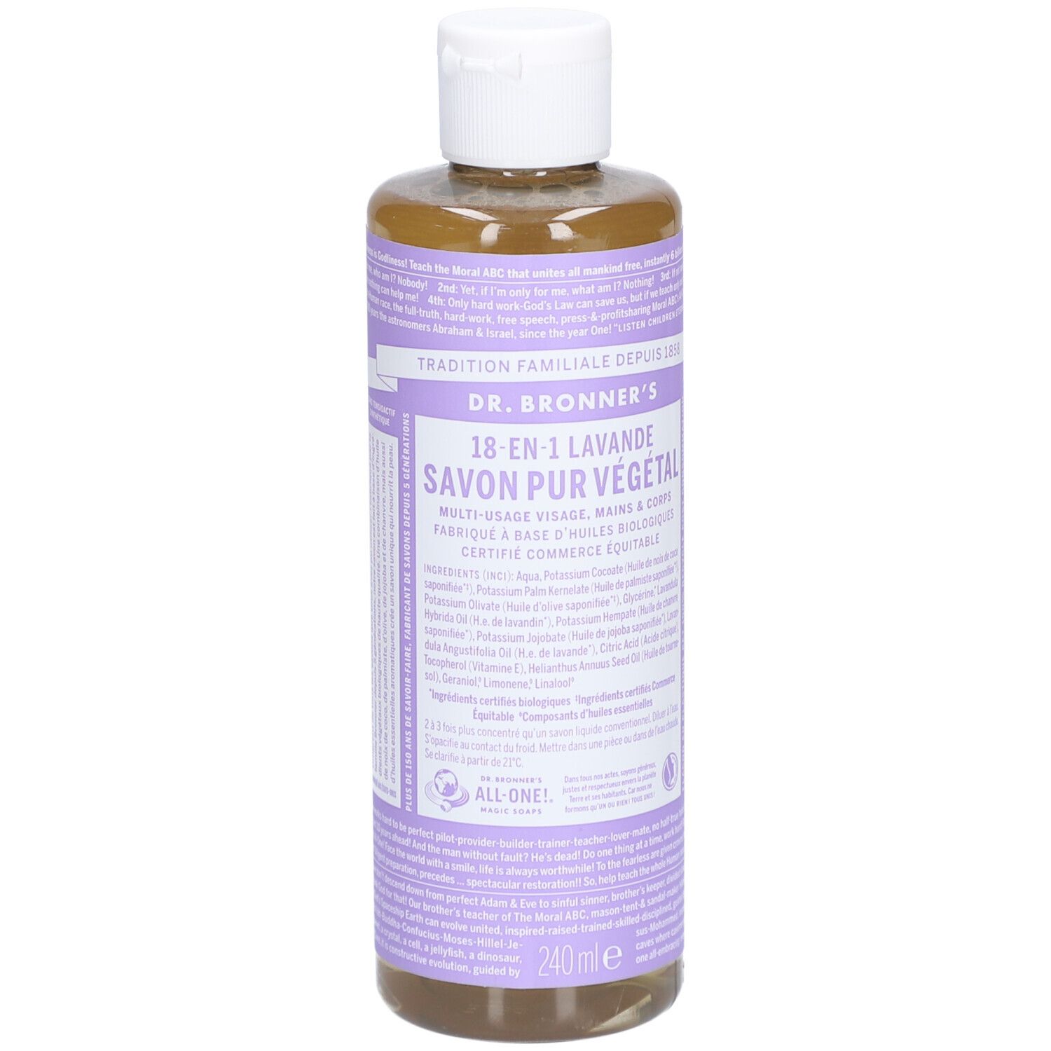 Fles vloeibare zeep. Opschrift: DR. BRONNER'S 18-in-1 Lavande Savon Pur Végétal. Witte dop, paars etiket.
