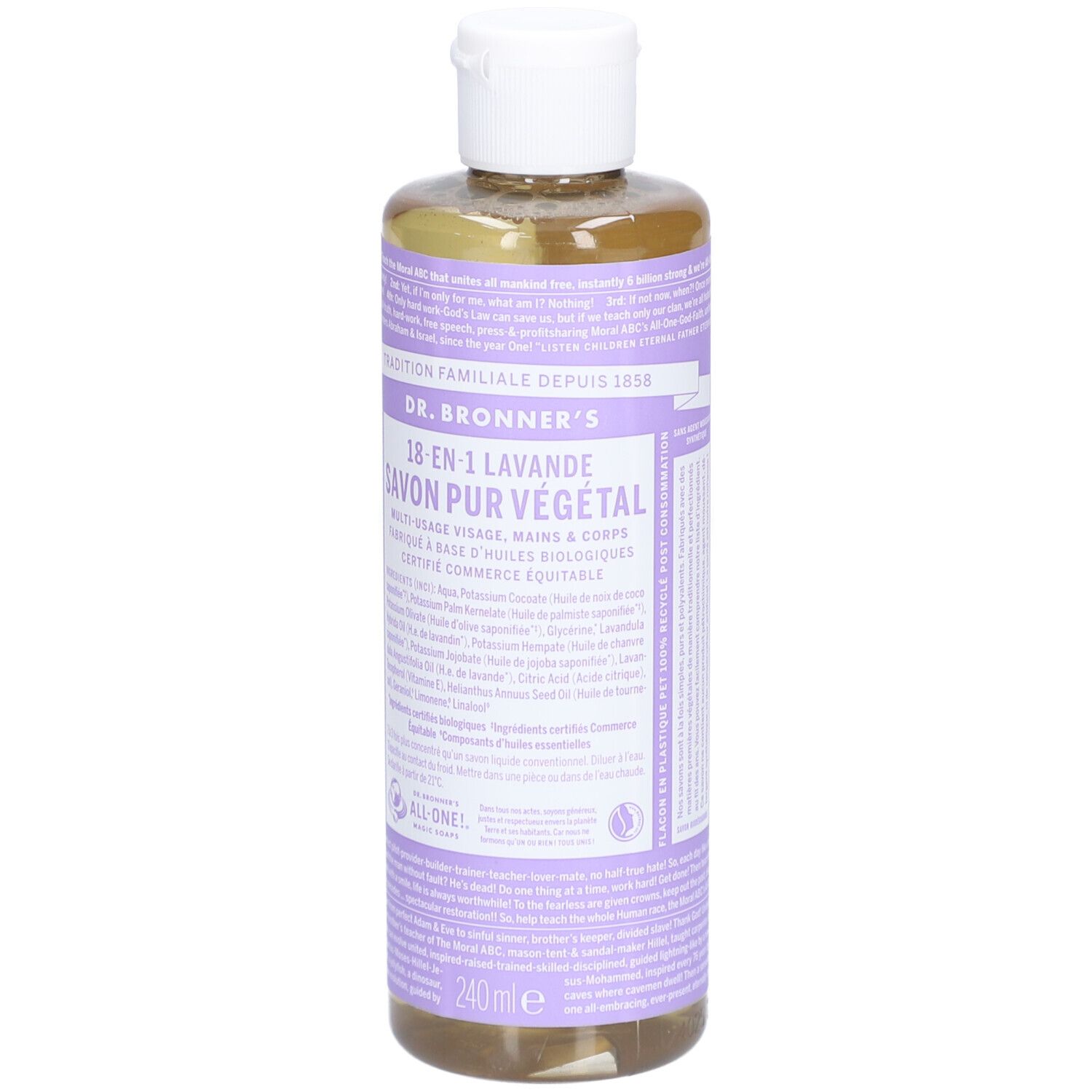 Fles vloeibare zeep. Opschrift: DR. BRONNER'S 18-in-1 Lavande Savon Pur Végétal. Witte dop, paars etiket.
