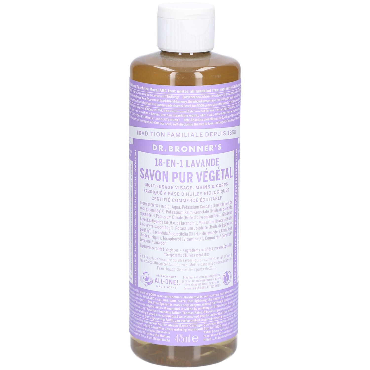 Fles vloeibare zeep. Label met productnaam en ingrediënten. Witte dop. Lavendelgeur.