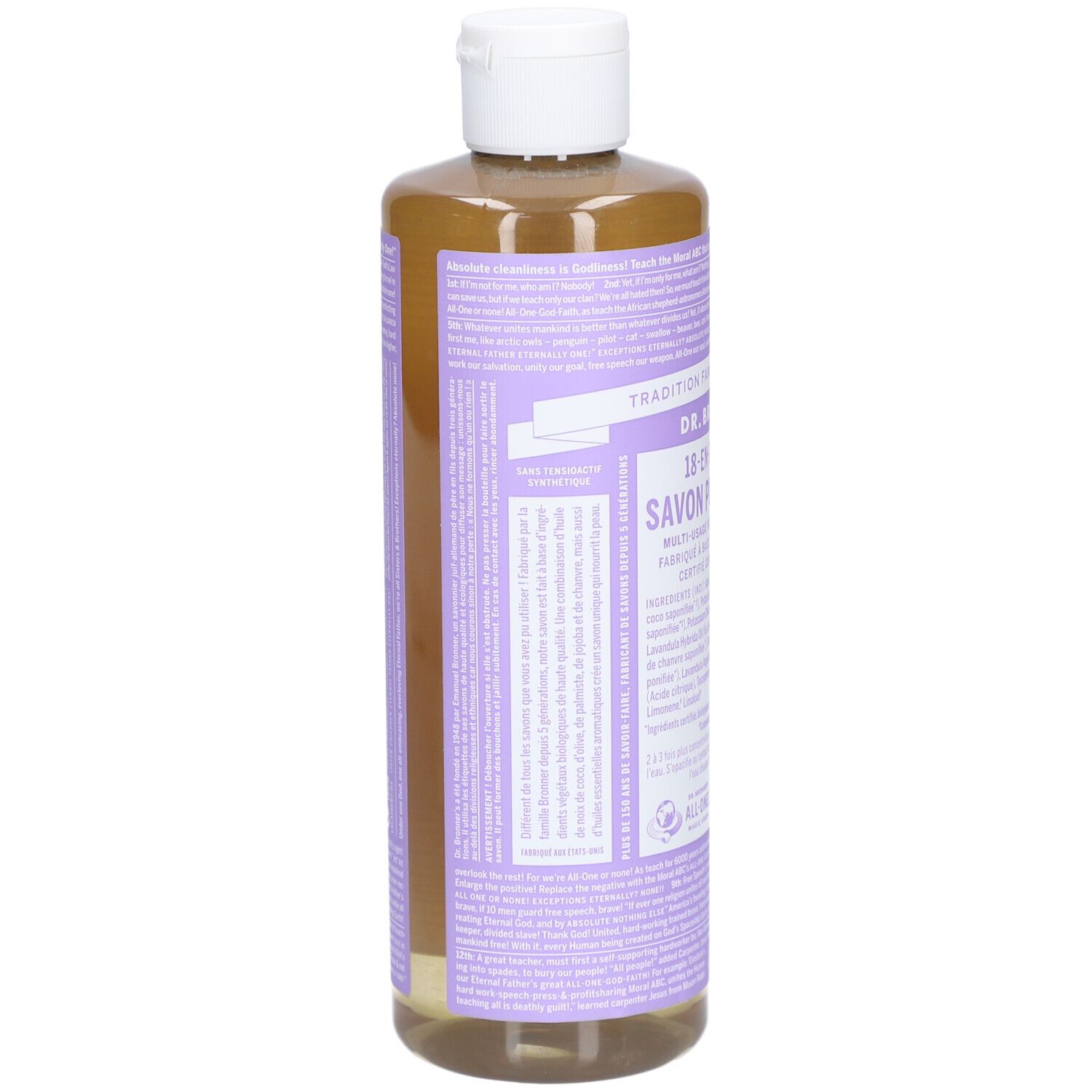 Fles vloeibare zeep. Label met productinformatie. Witte dop. Lavendelgeur.