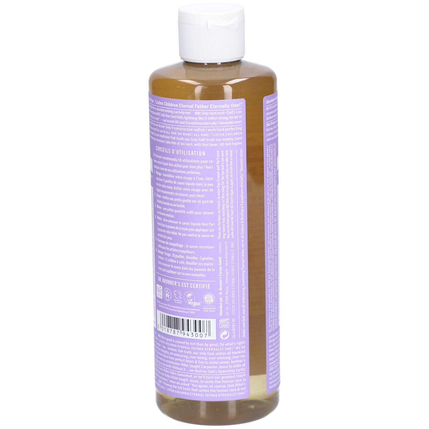 Fles vloeibare zeep. Label met productinformatie. Witte dop. Lavendelgeur.