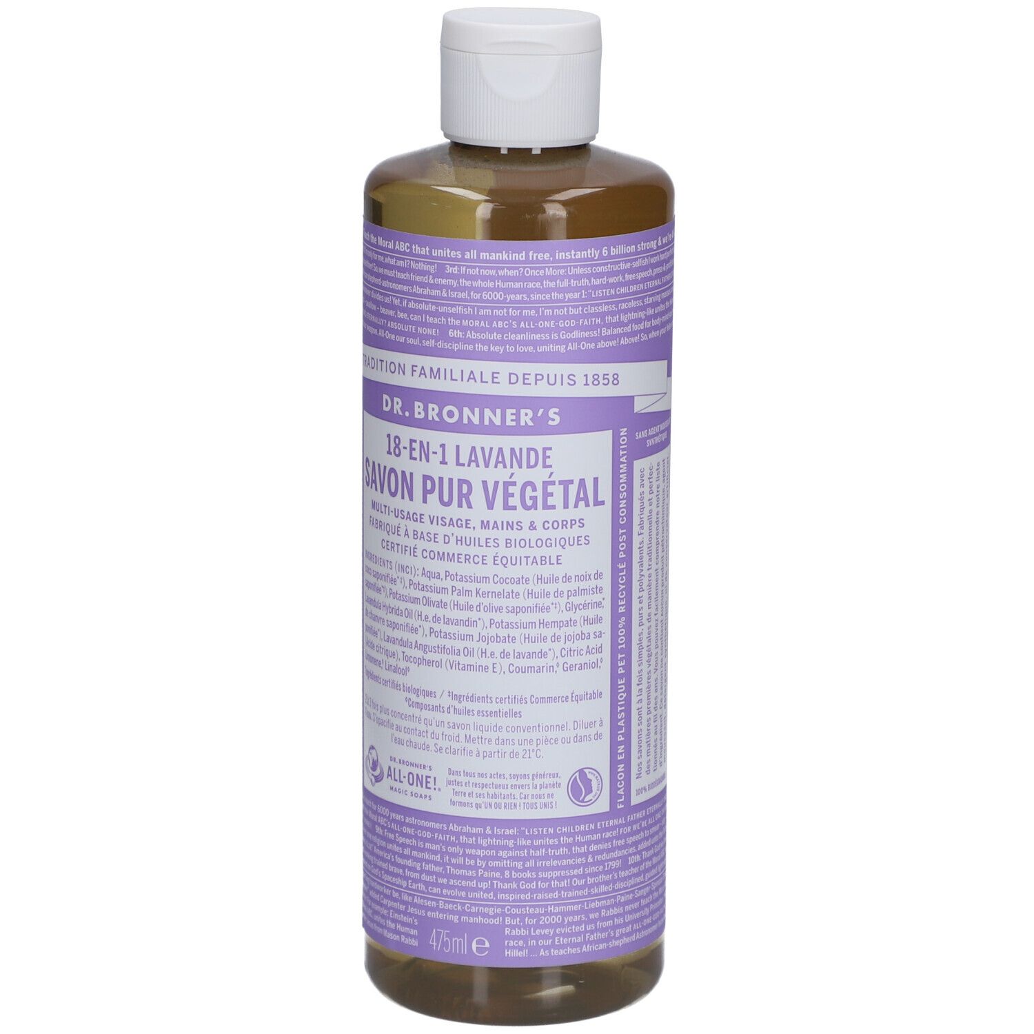 Fles vloeibare zeep. Label met productnaam en ingrediënten. Witte dop. Lavendelgeur.