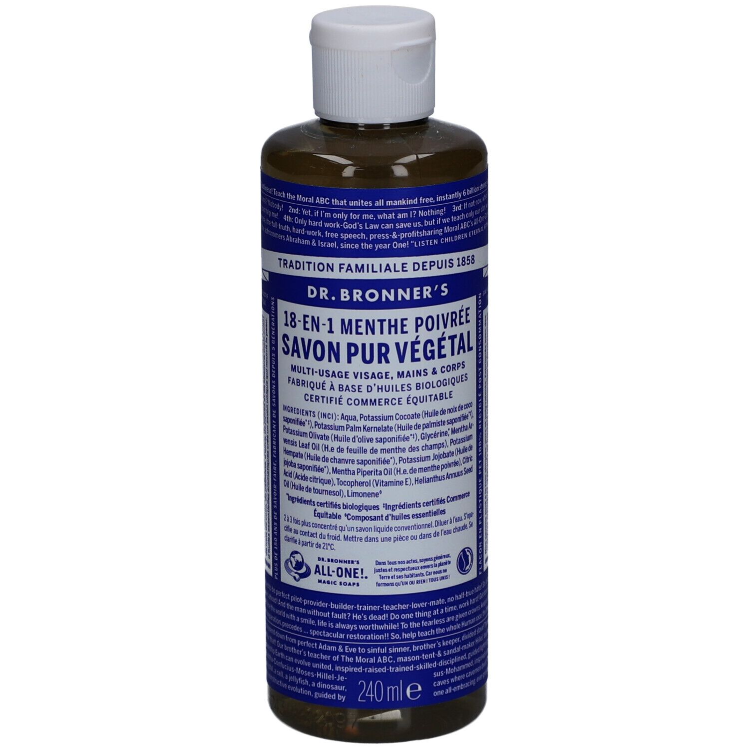 Dr. Bronner's vloeibare zeep met pepermunt. Fles met witte dop. Etiket met productinfo en ingrediënten.