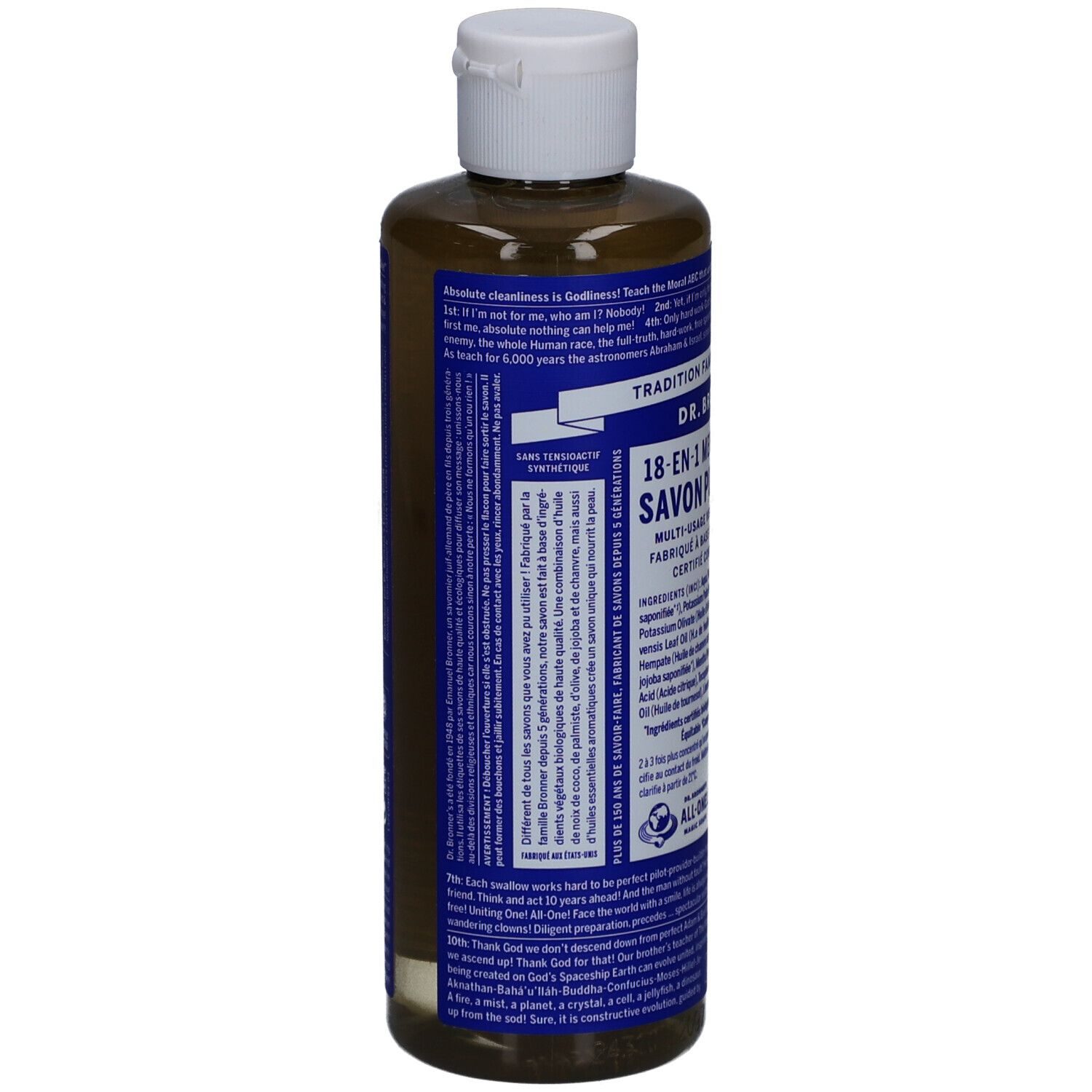 Achterkant van Dr. Bronner's pepermunt vloeibare zeep. Blauw etiket met tekst. Witte dop.