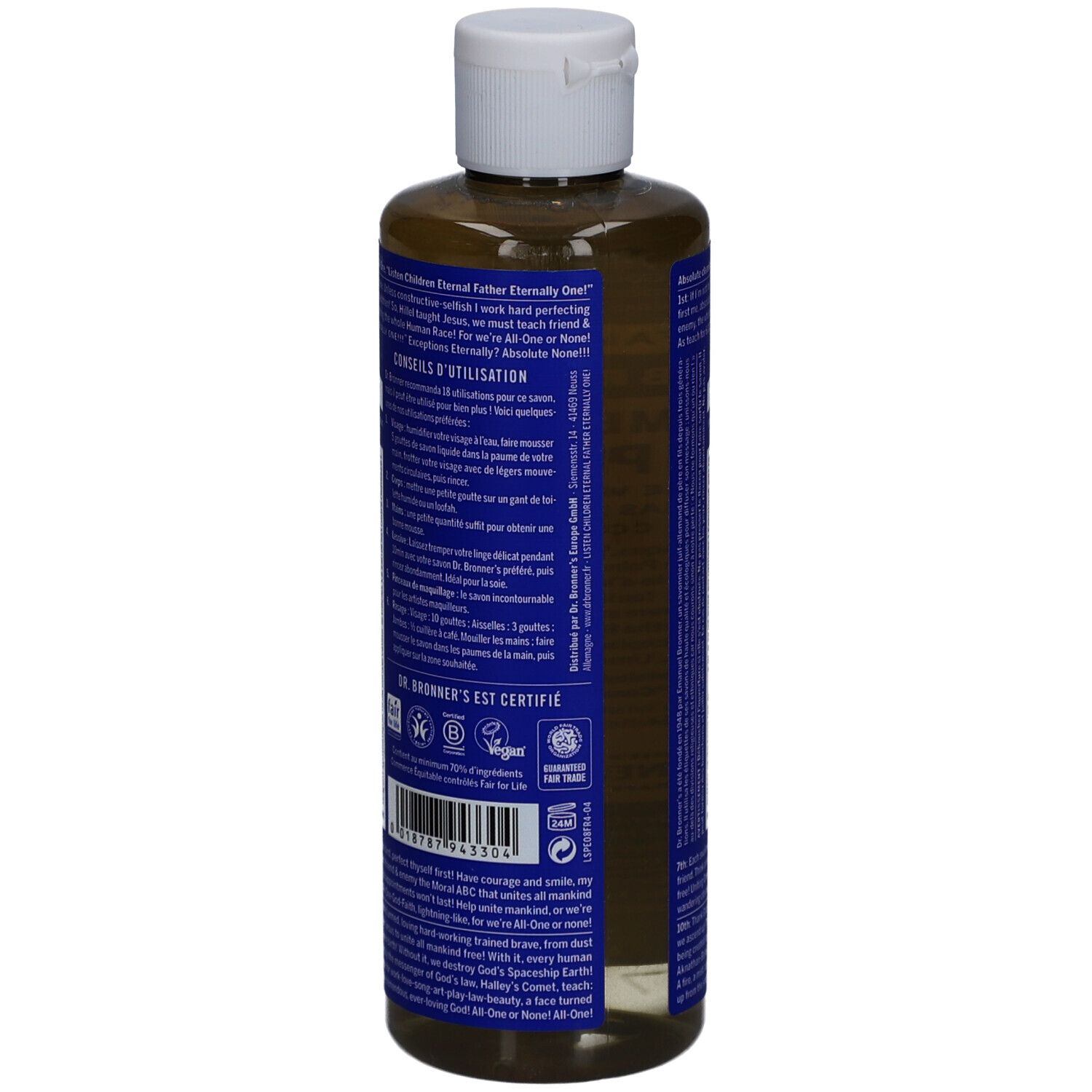 Achterkant van Dr. Bronner's pepermunt vloeibare zeep. Blauw etiket met tekst. Witte dop.