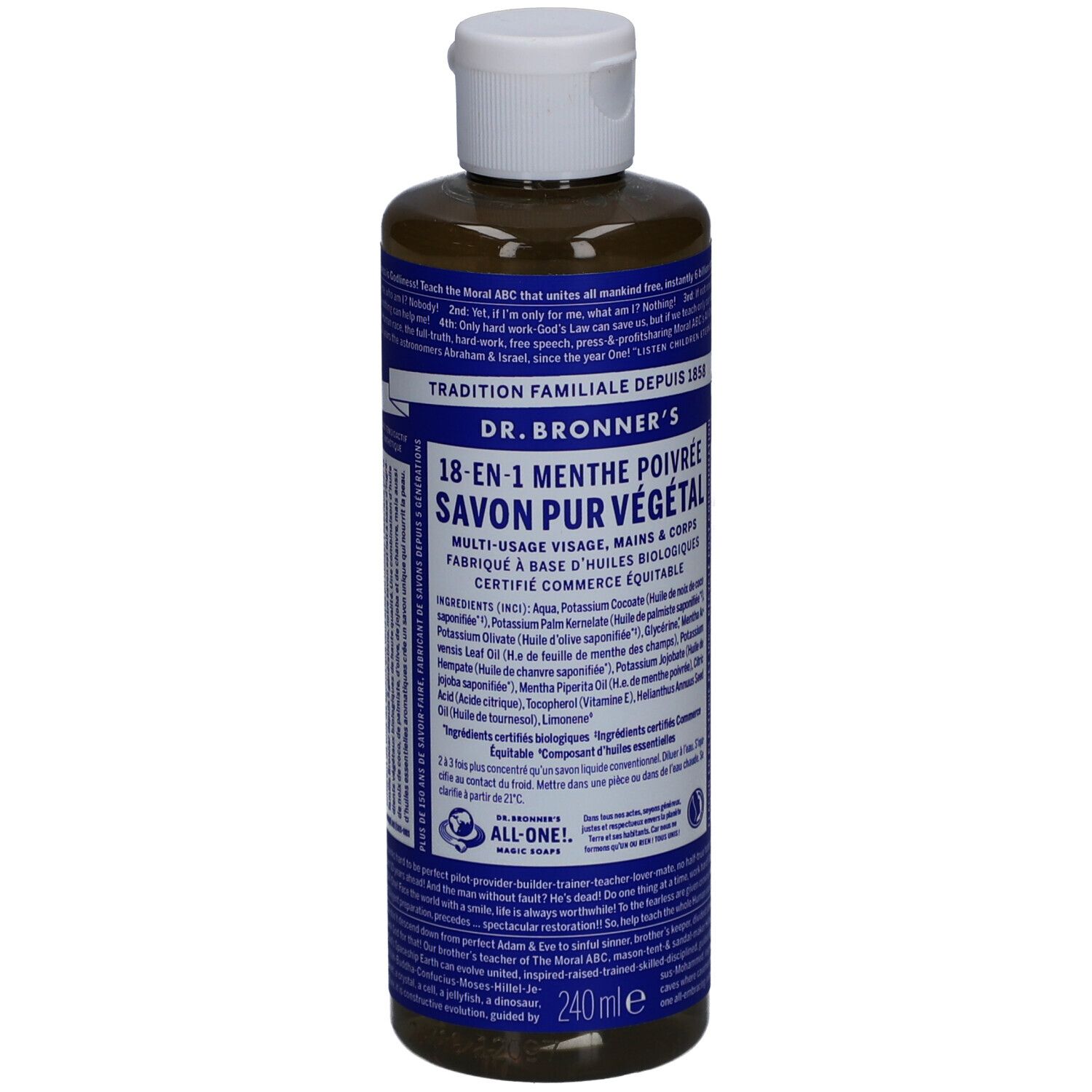 Dr. Bronner's vloeibare zeep met pepermunt. Fles met witte dop. Etiket met productinfo en ingrediënten.