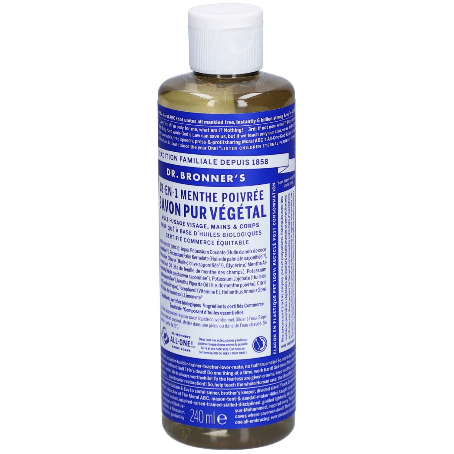 Dr. Bronner's vloeibare zeep met pepermunt. Fles met witte dop. Etiket met productinfo en ingrediënten.