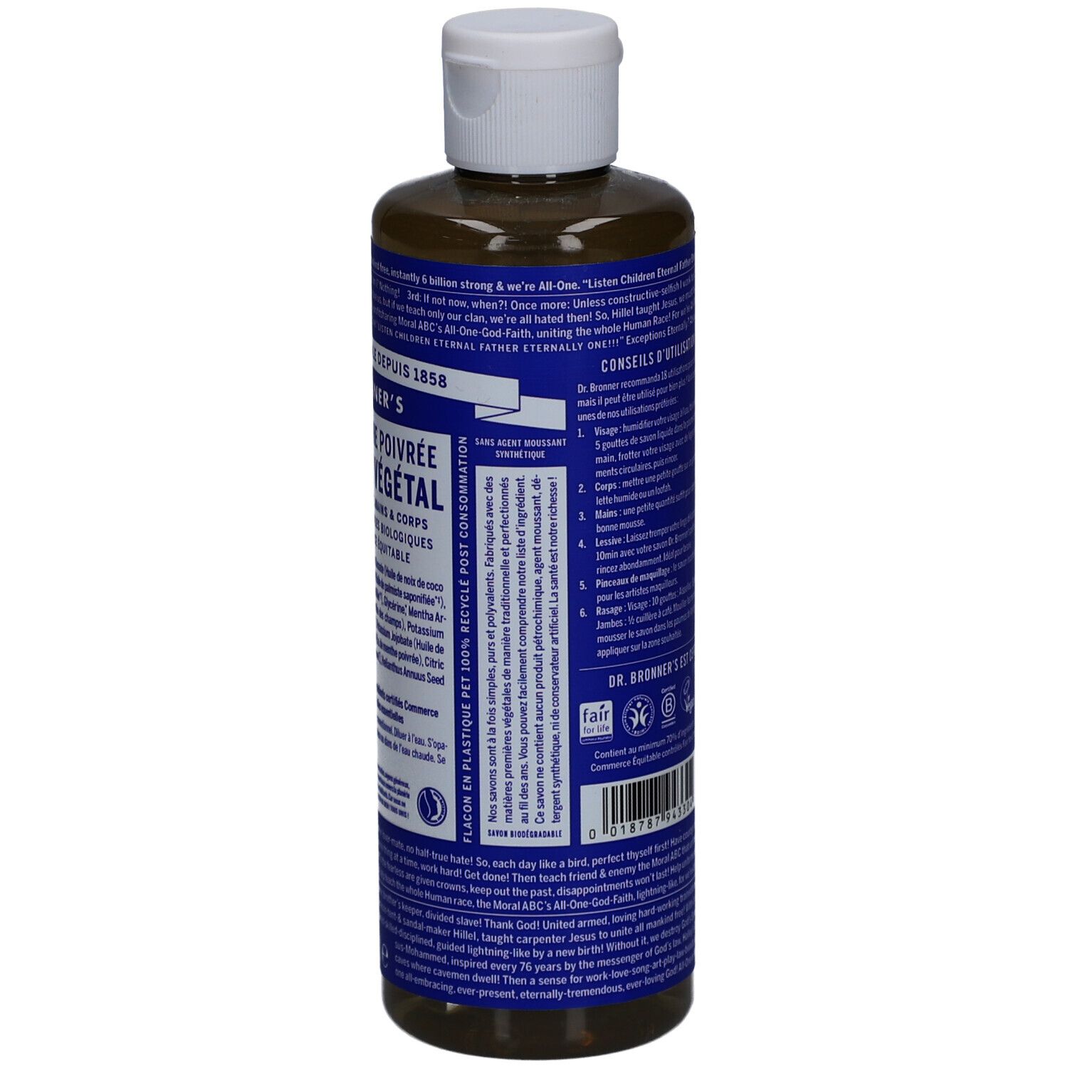 Achterkant van Dr. Bronner's pepermunt vloeibare zeep. Blauw etiket met tekst. Witte dop.