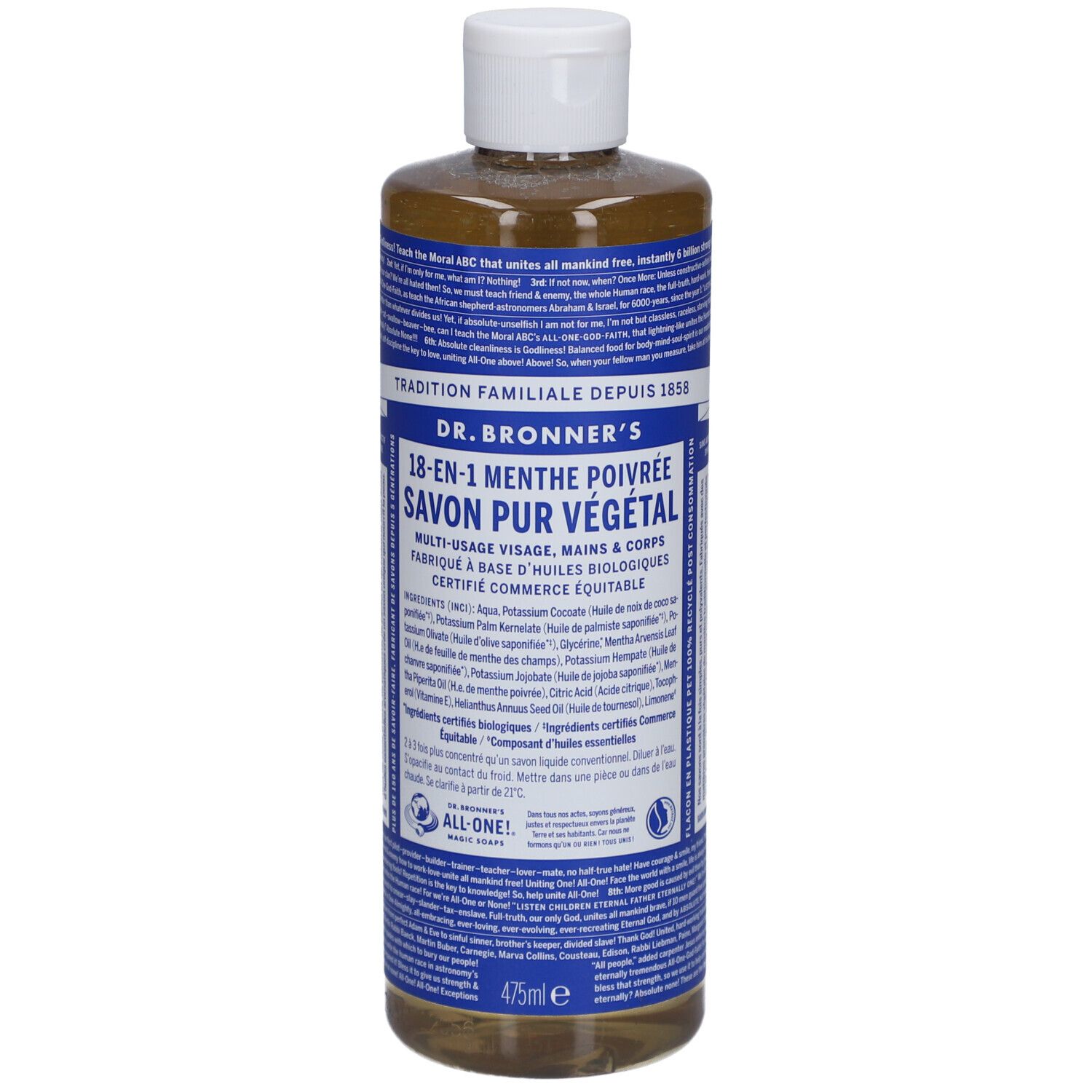 Fles DR. BRONNER'S zeep. Opschrift: 18-in-1 Menthe Poivrée Savon Pur Végétal. Witte dop, blauwe etiketten.