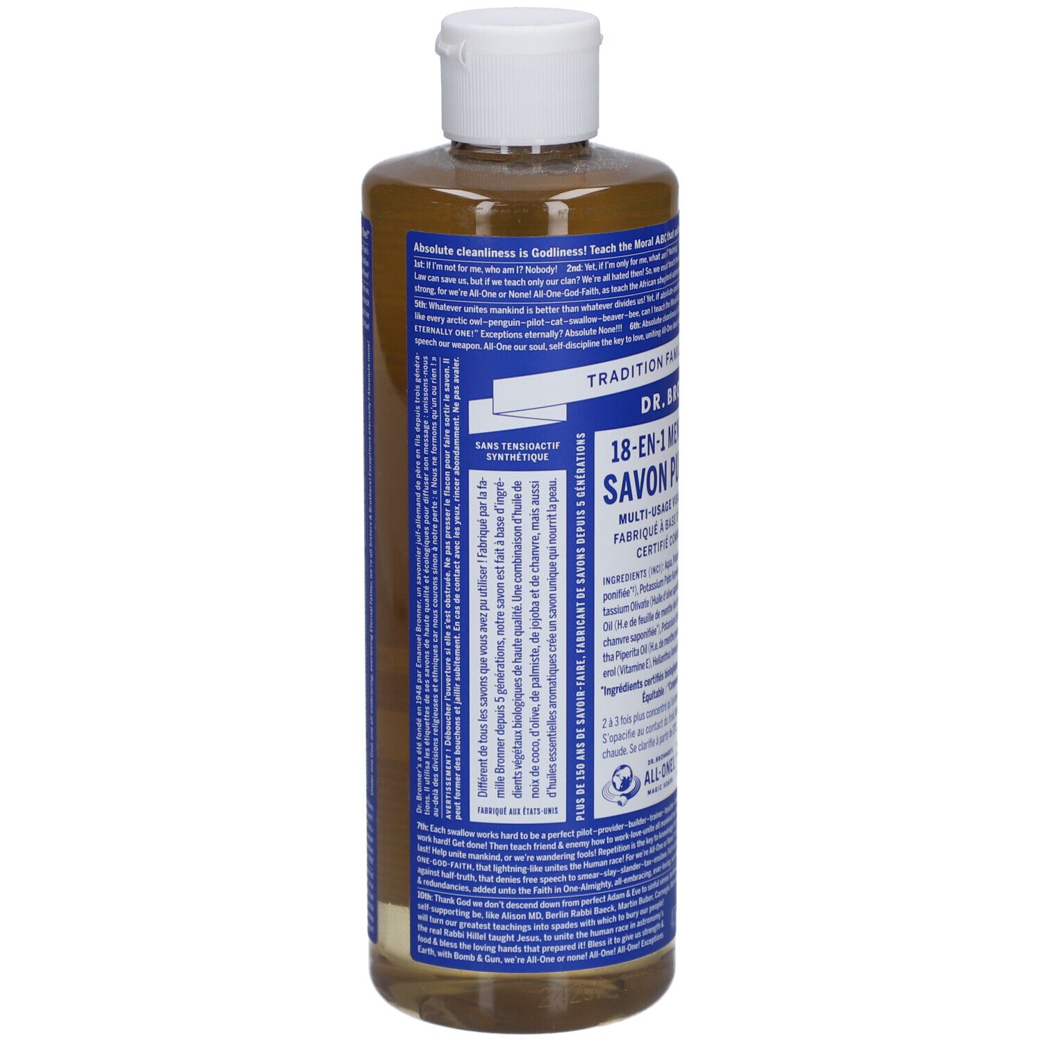 Achterkant van de DR. BRONNER'S zeepfles. Meertalige tekst. Witte dop, blauwe etiketten.