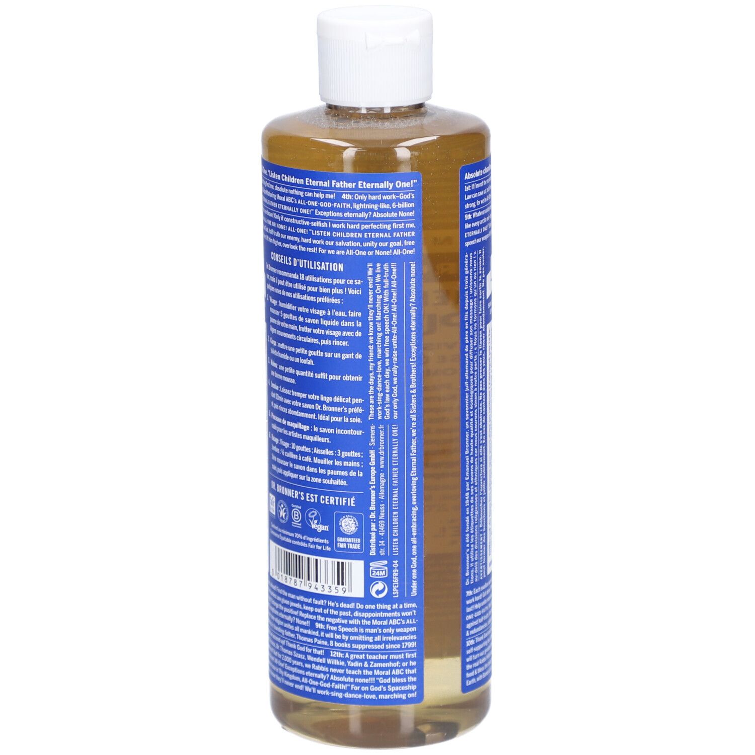 Achterkant van de DR. BRONNER'S zeepfles. Meertalige tekst. Witte dop, blauwe etiketten.