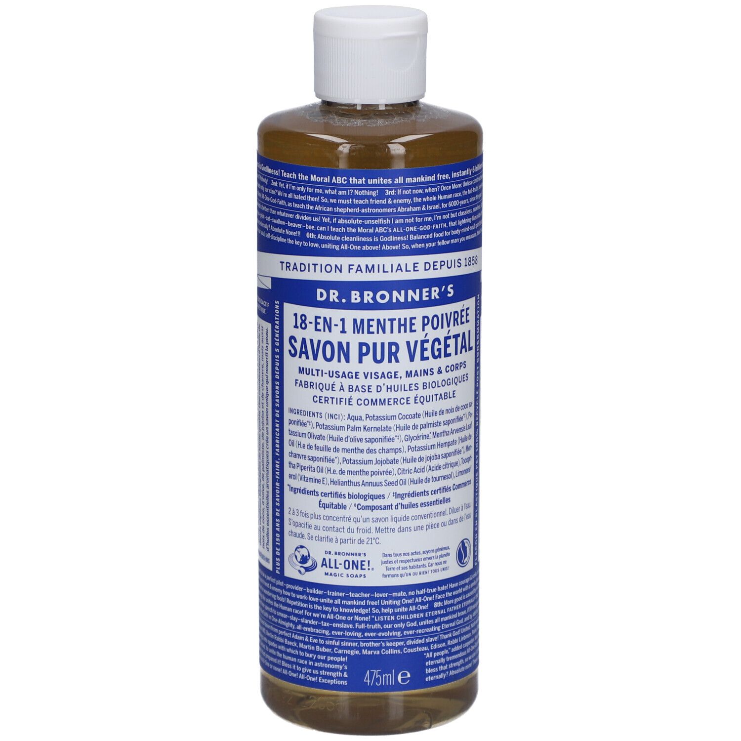Fles DR. BRONNER'S zeep. Opschrift: 18-in-1 Menthe Poivrée Savon Pur Végétal. Witte dop, blauwe etiketten.
