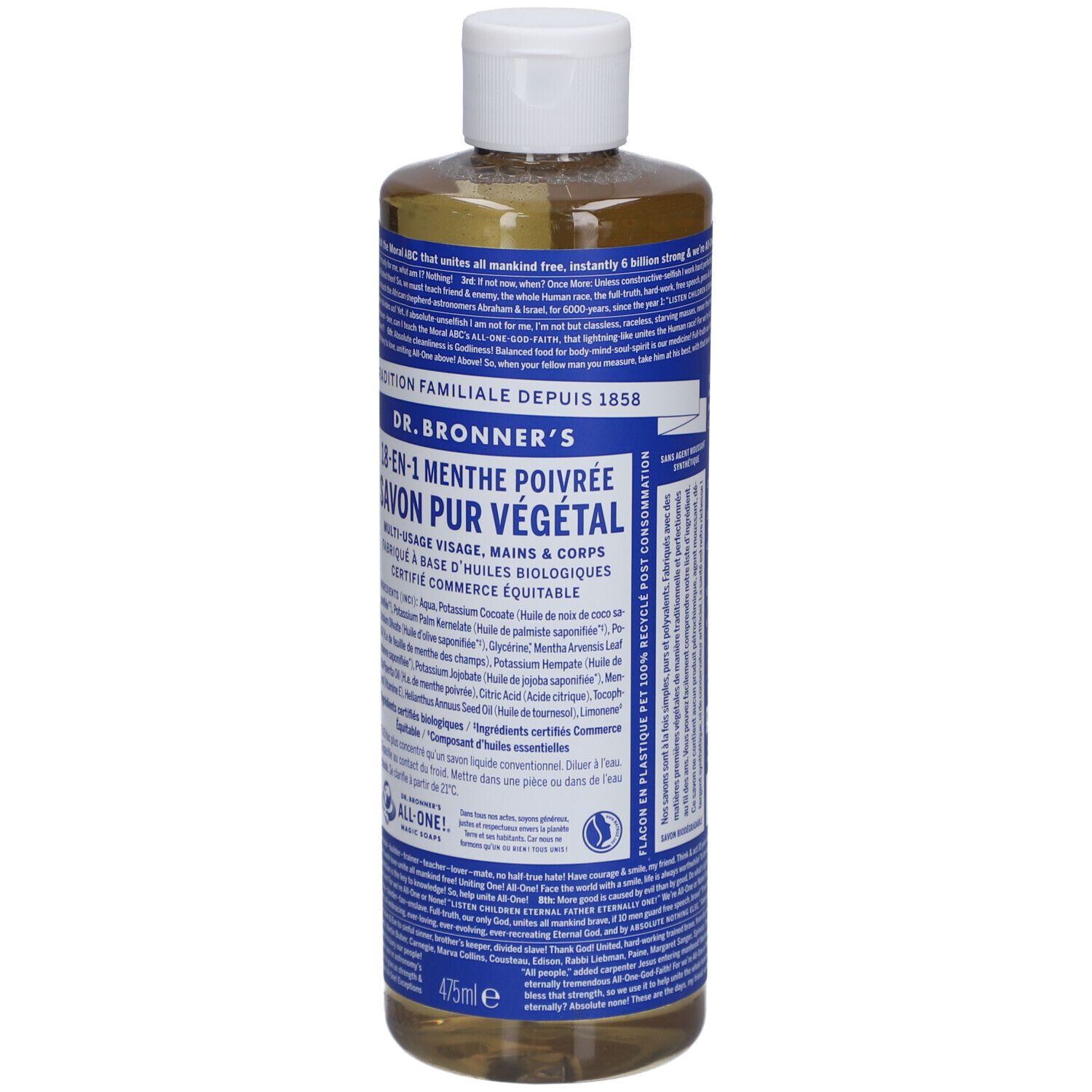 Fles DR. BRONNER'S zeep. Opschrift: 18-in-1 Menthe Poivrée Savon Pur Végétal. Witte dop, blauwe etiketten.