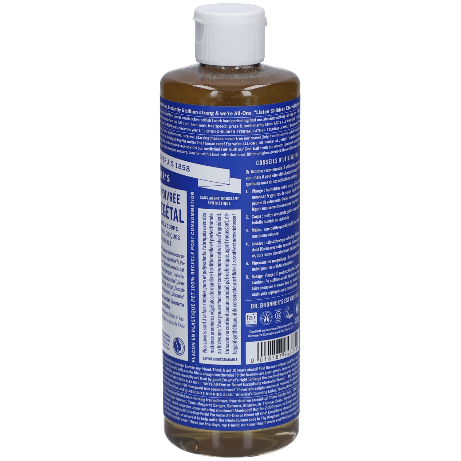Achterkant van de DR. BRONNER'S zeepfles. Meertalige tekst. Witte dop, blauwe etiketten.