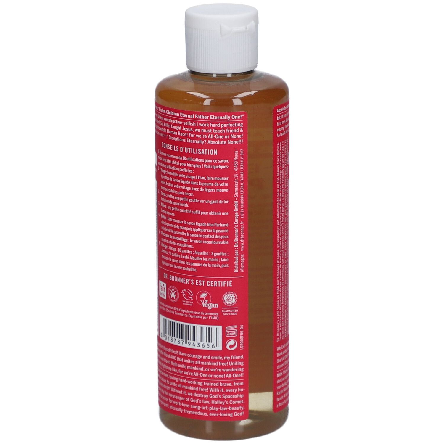 Dos du flacon. Étiquette rouge avec texte et ingrédients. Bouchon blanc. Contenu rose.