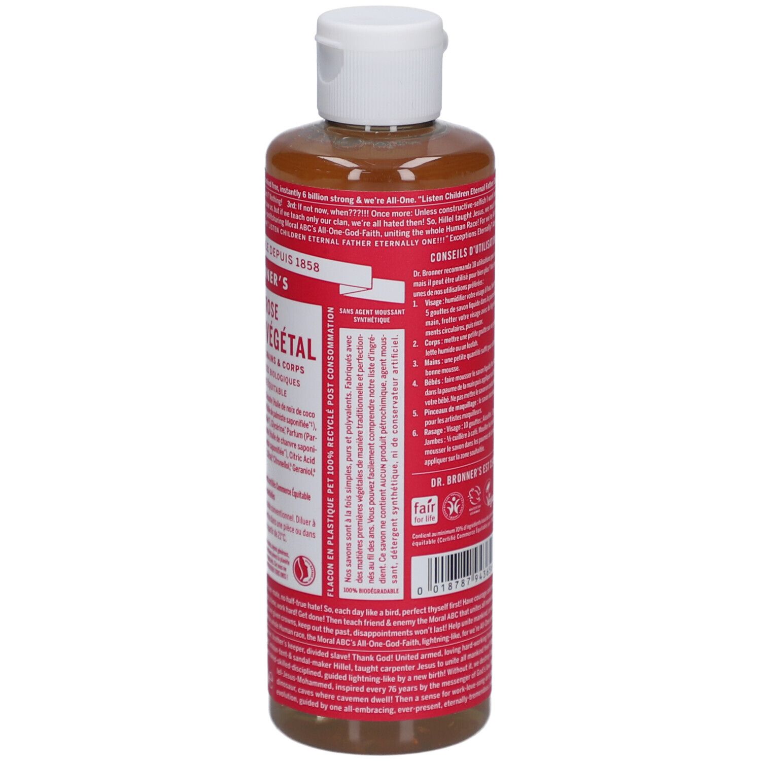 Dos du flacon. Étiquette rouge avec texte et ingrédients. Bouchon blanc. Contenu rose.