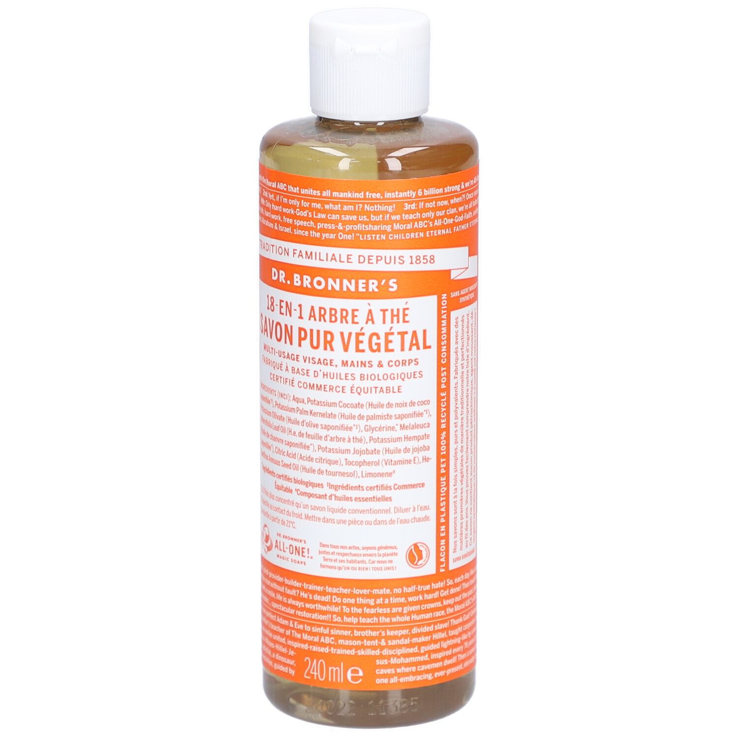 Bouteille avec étiquette. Texte: DR. BRONNER'S 18-en-1 Arbre à Thé Savon Pur Végétal. 240 ml.