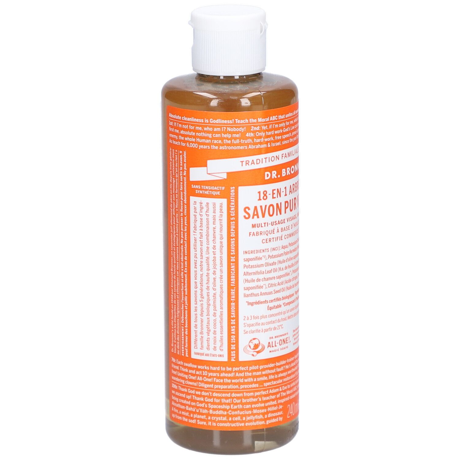 Bouteille avec étiquette. Texte: DR. BRONNER'S 18-en-1 Arbre à Thé Savon Pur Végétal. 240 ml.