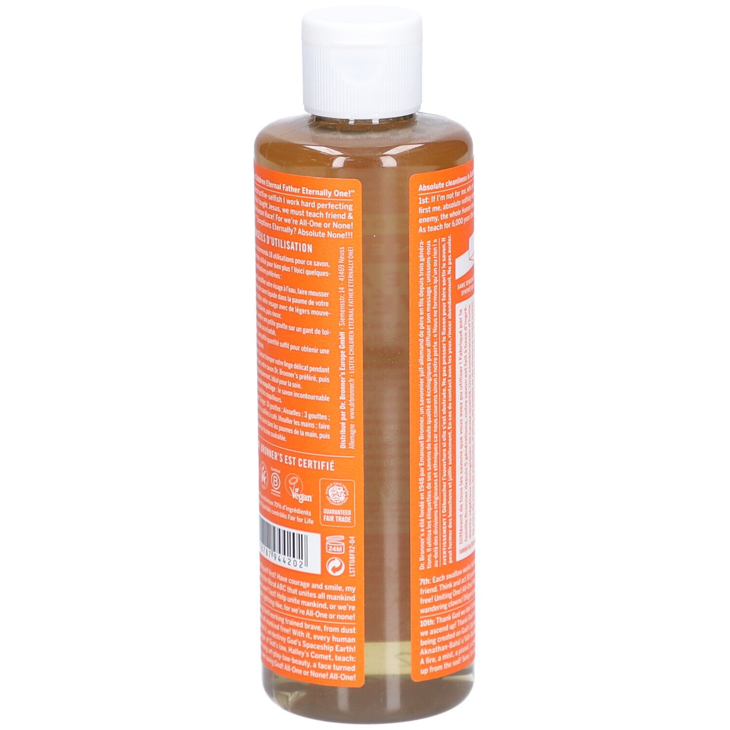 Bouteille avec étiquette. Texte: DR. BRONNER'S 18-en-1 Arbre à Thé Savon Pur Végétal. 240 ml.