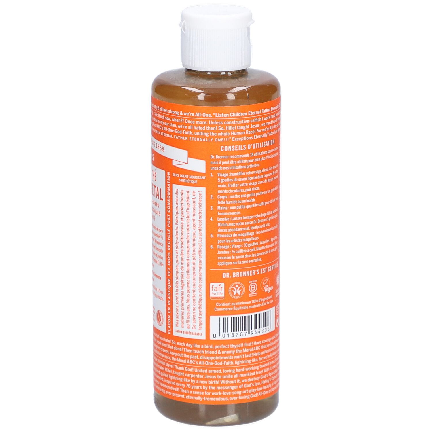 Bouteille avec étiquette. Texte: DR. BRONNER'S 18-en-1 Arbre à Thé Savon Pur Végétal. 240 ml.