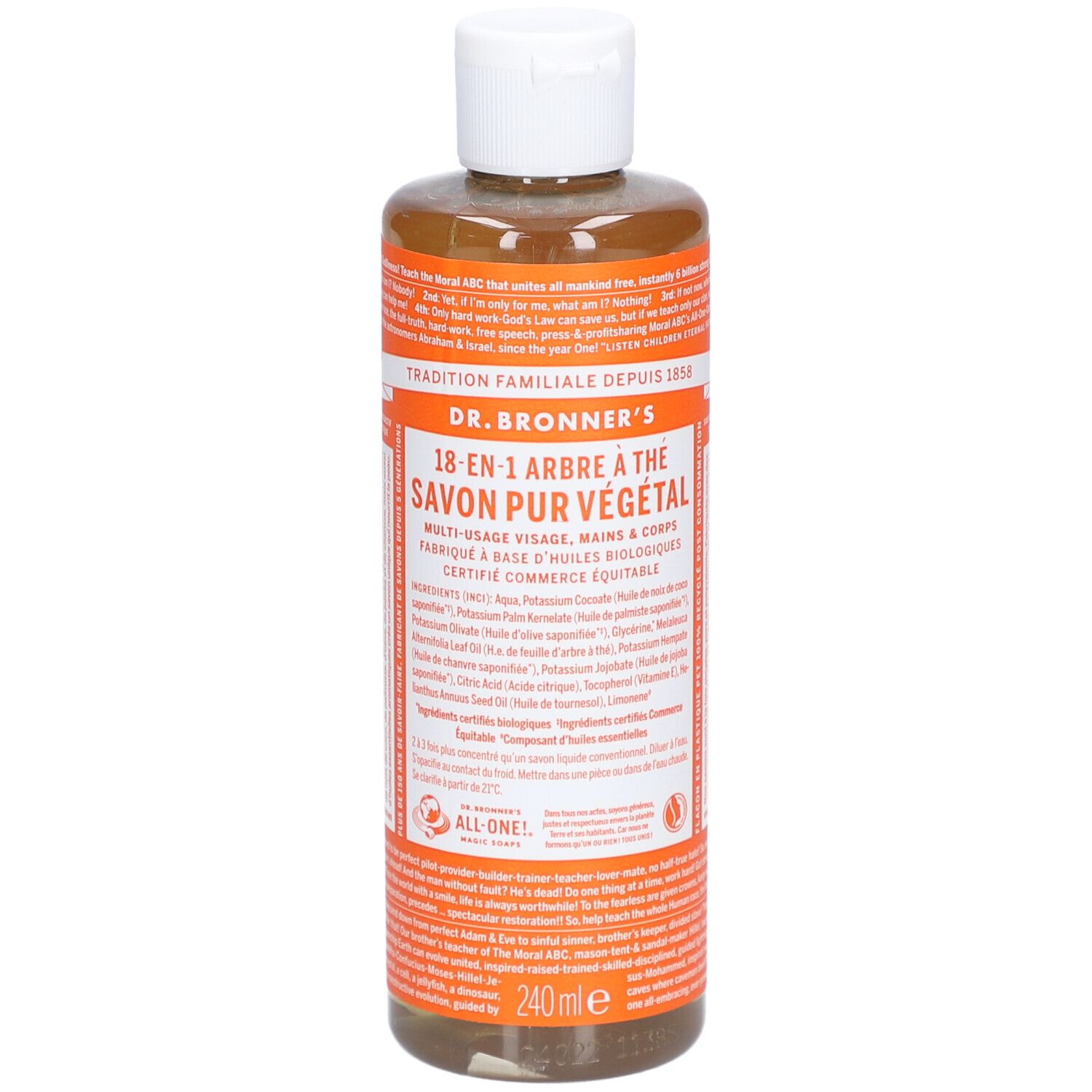 Bouteille avec étiquette. Texte: DR. BRONNER'S 18-en-1 Arbre à Thé Savon Pur Végétal. 240 ml.