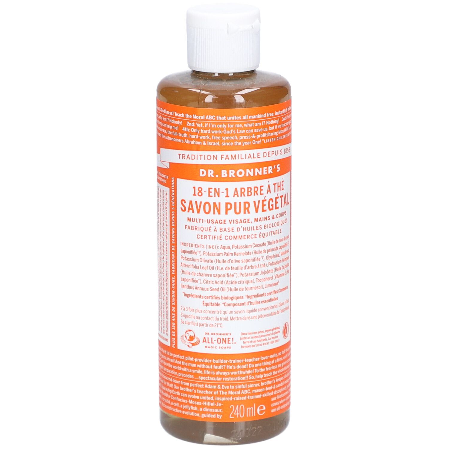 Bouteille avec étiquette. Texte: DR. BRONNER'S 18-en-1 Arbre à Thé Savon Pur Végétal. 240 ml.