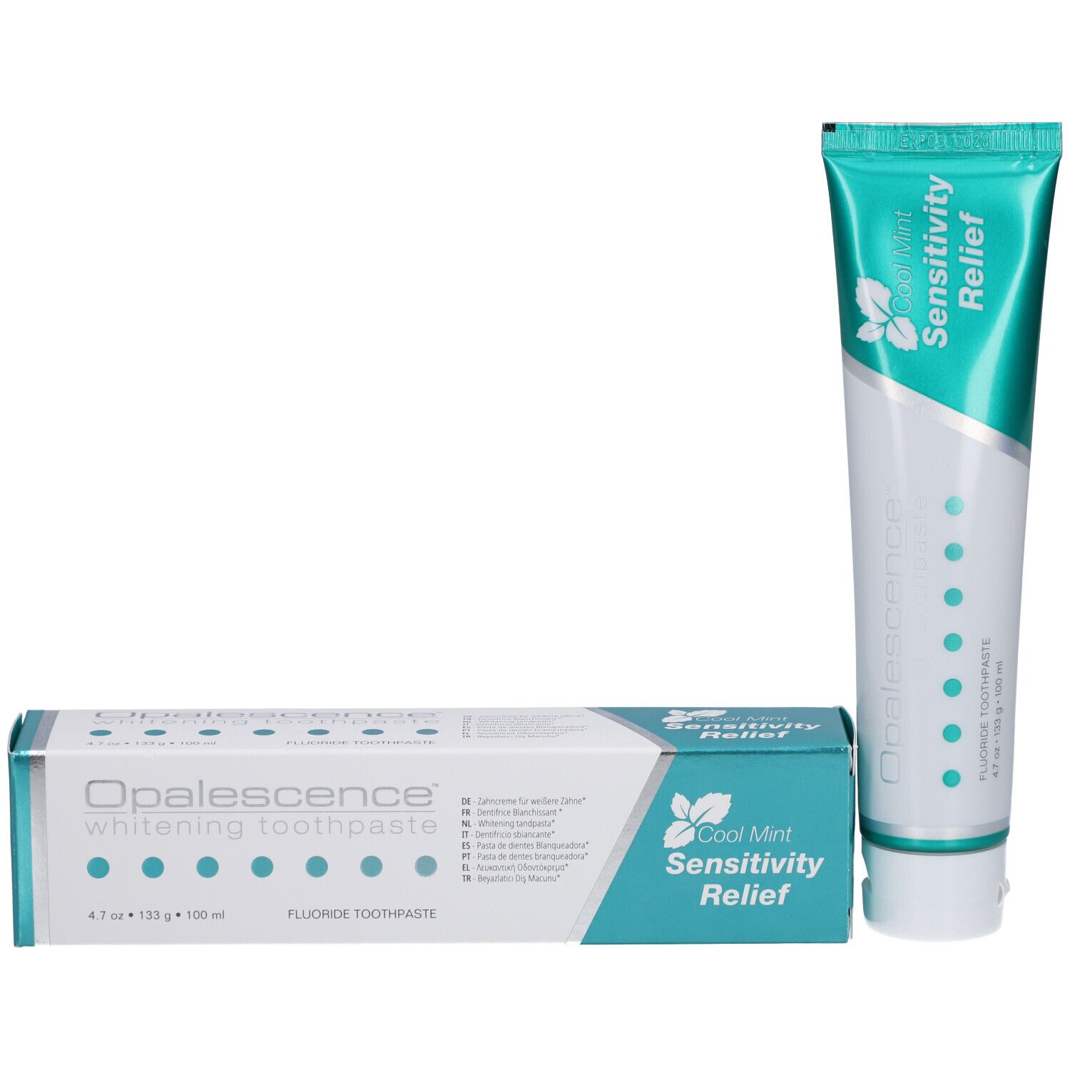 Tandpastatube en doos. Doos: Opalescence, whitening toothpaste. Tube: Cool Mint Sensitivity Relief.