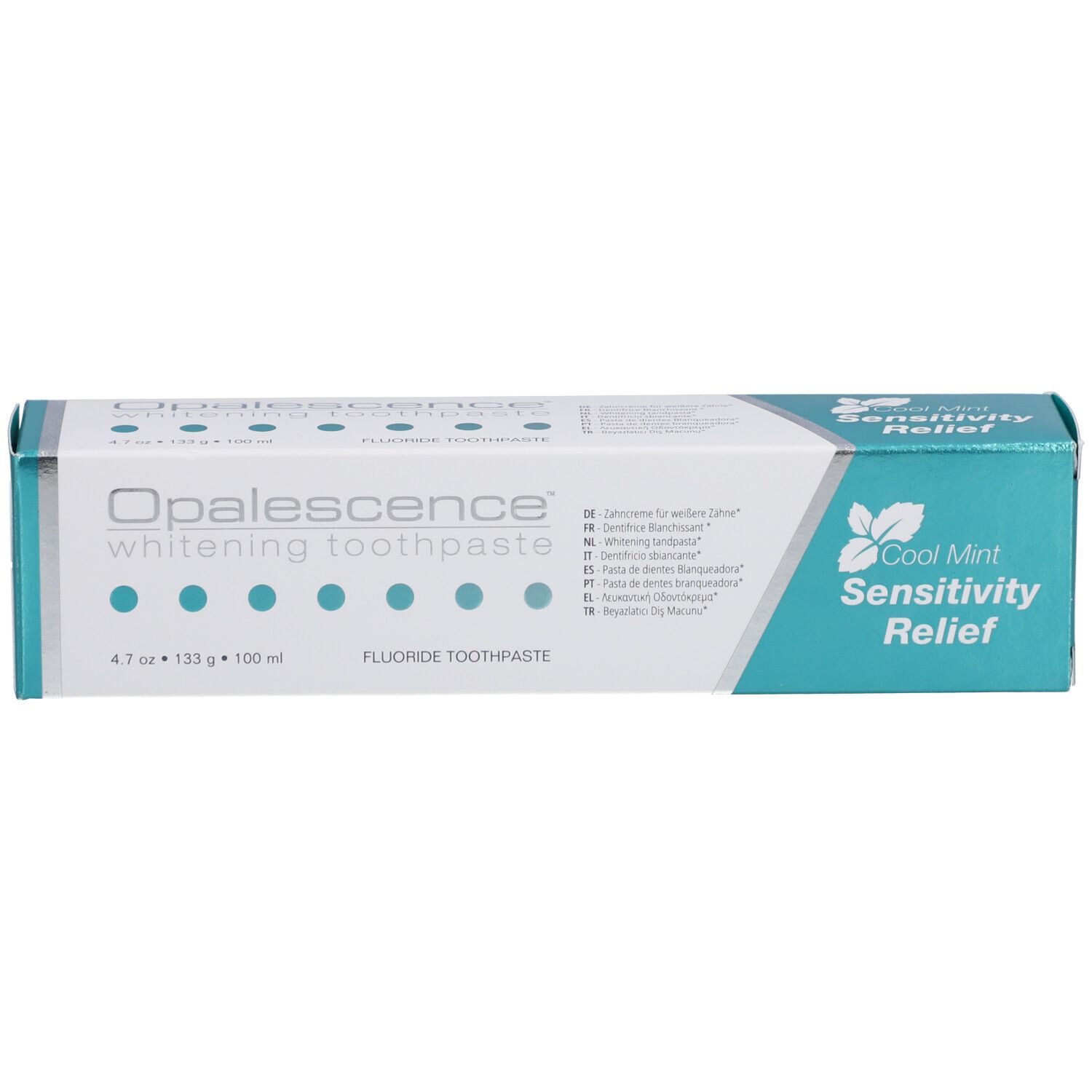 Doos met tandpasta. Opschrift: Opalescence, whitening toothpaste. Cool Mint Sensitivity Relief. Bevat fluoride.