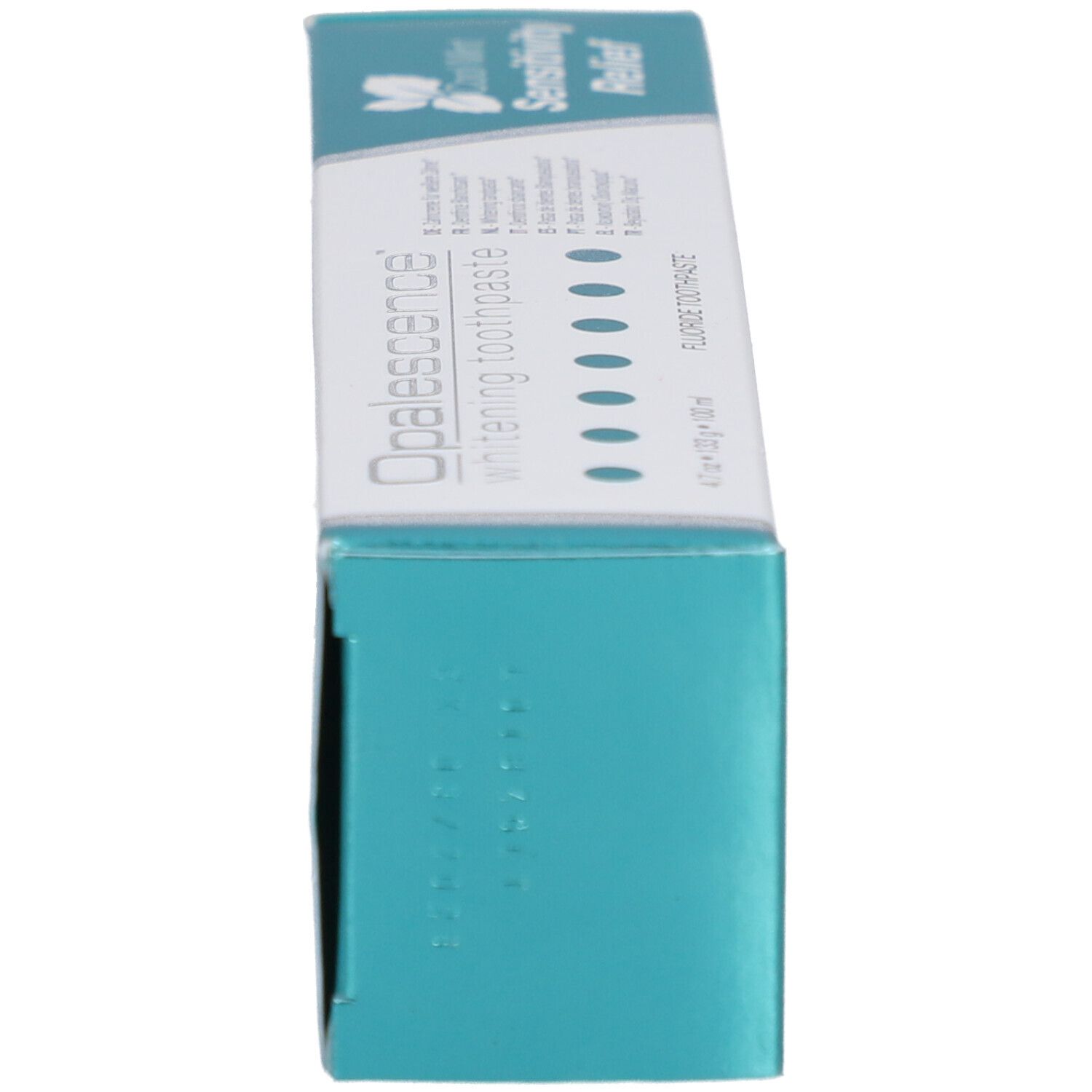 Tandpastadoos, zijaanzicht. Opschrift: Opalescence, whitening toothpaste. Turquoise en wit design.
