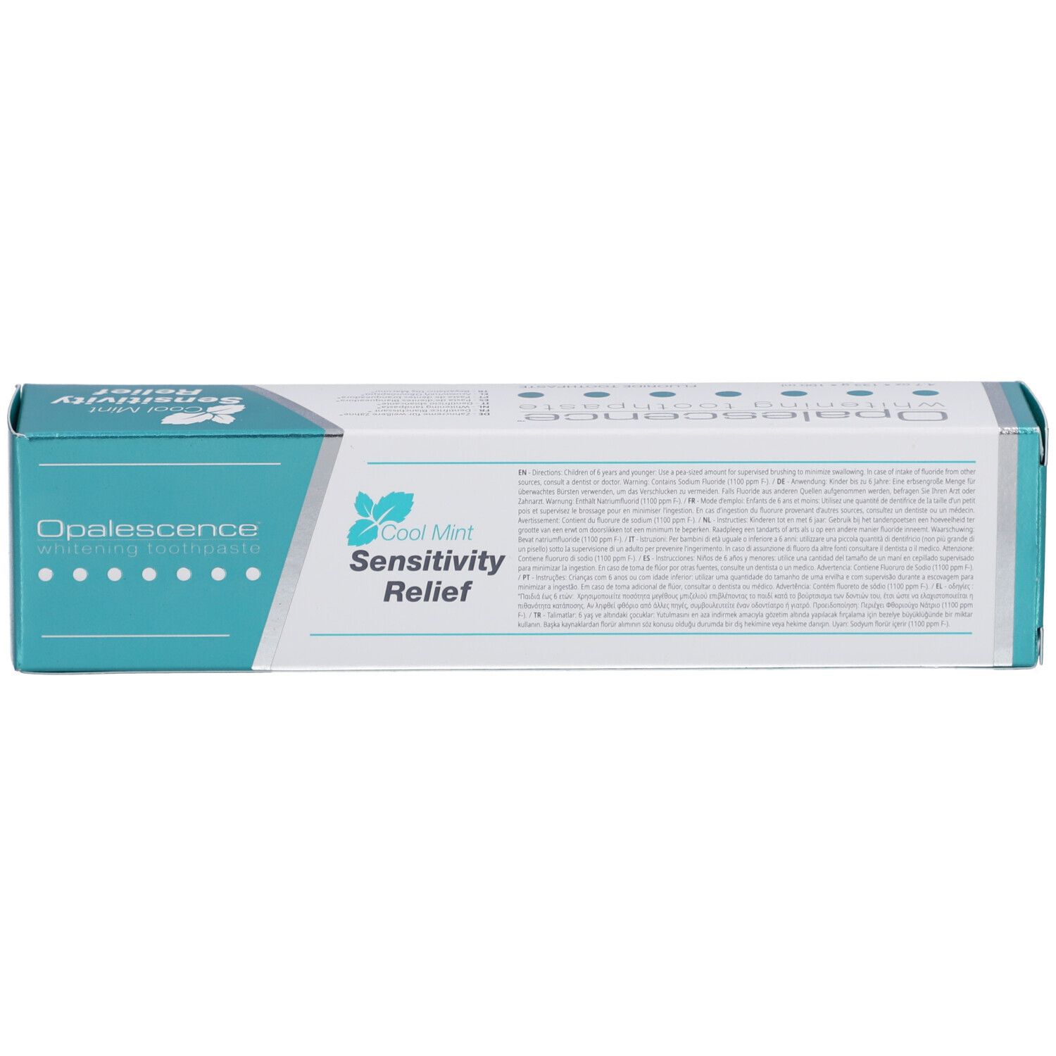 Achterkant van de tandpastadoos. Bevat informatie en symbolen. Witte achtergrond met tekst.