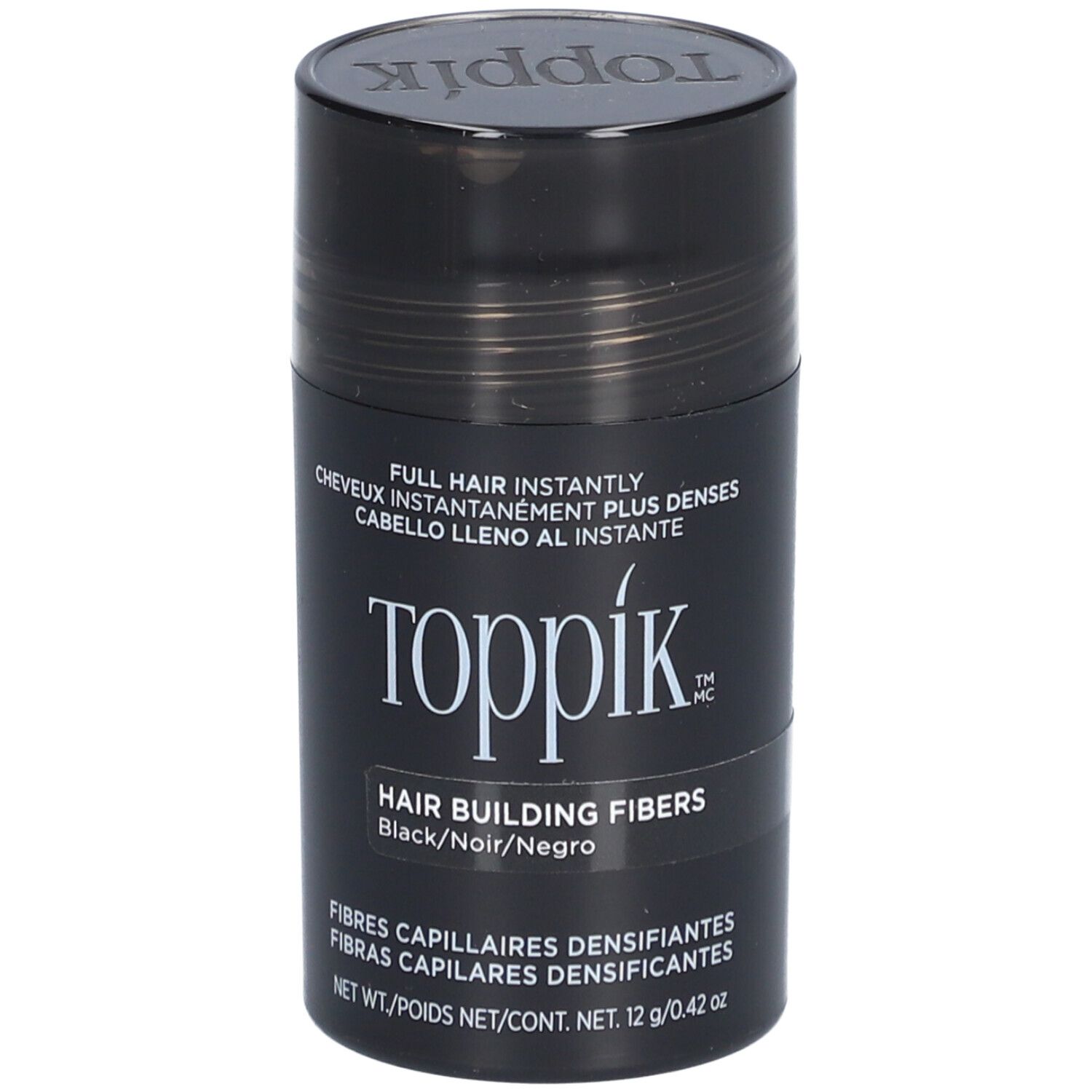 Zwarte Toppik haarvezelpot. Opschrift: Hair Building Fibers. Inhoud: 12 g.