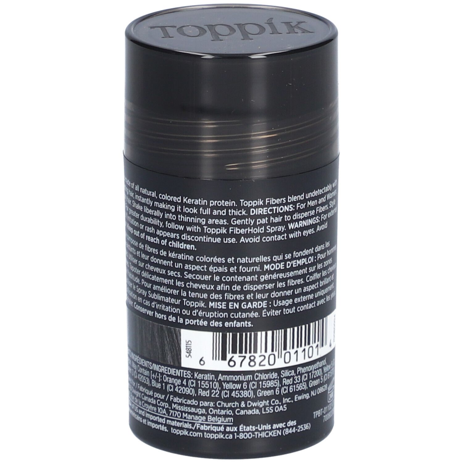 Zwarte Toppik haarvezelpot. Opschrift: Hair Building Fibers. Achterkant met tekst en ingrediënten.