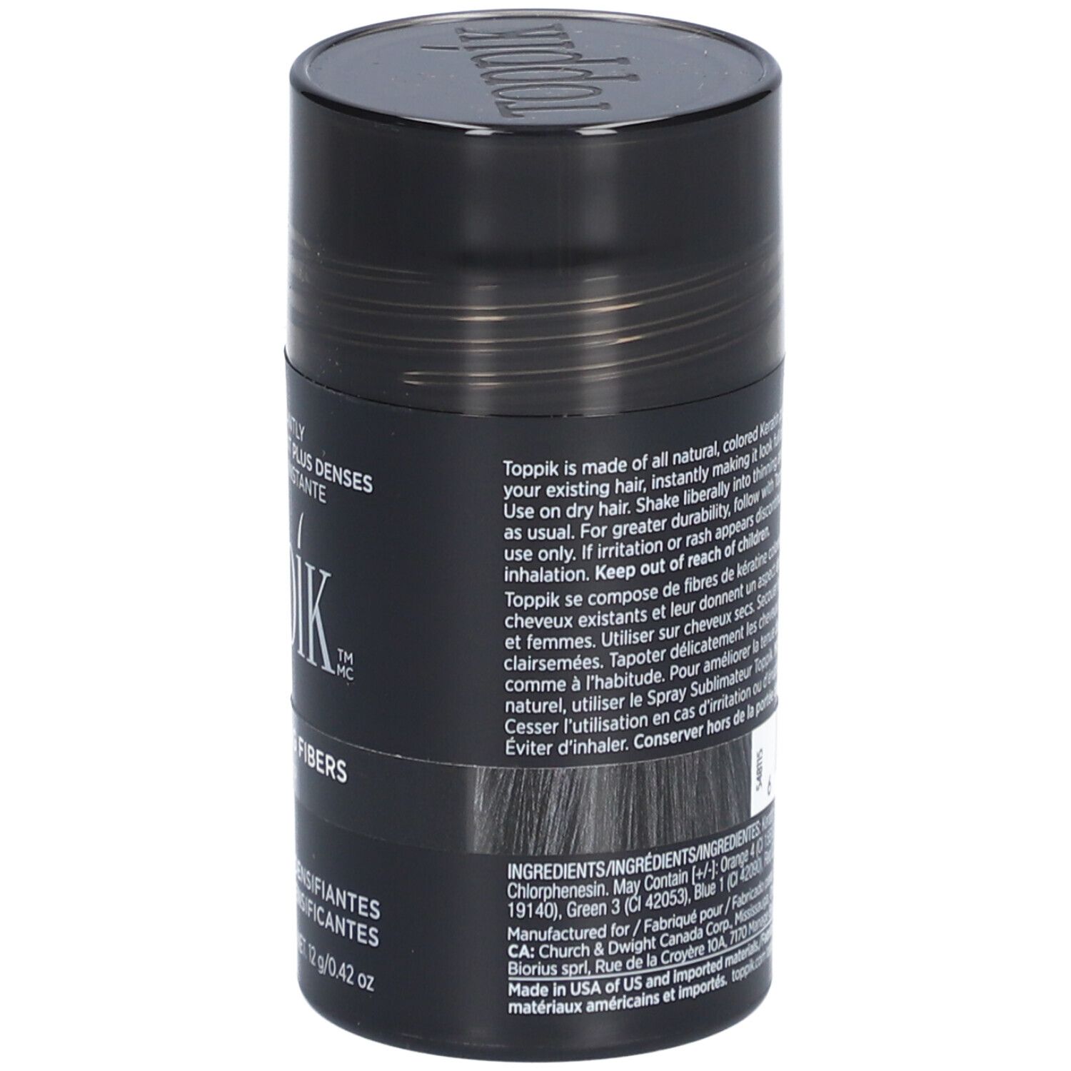 Zwarte Toppik haarvezelpot. Opschrift: Hair Building Fibers. Achterkant met tekst en ingrediënten.