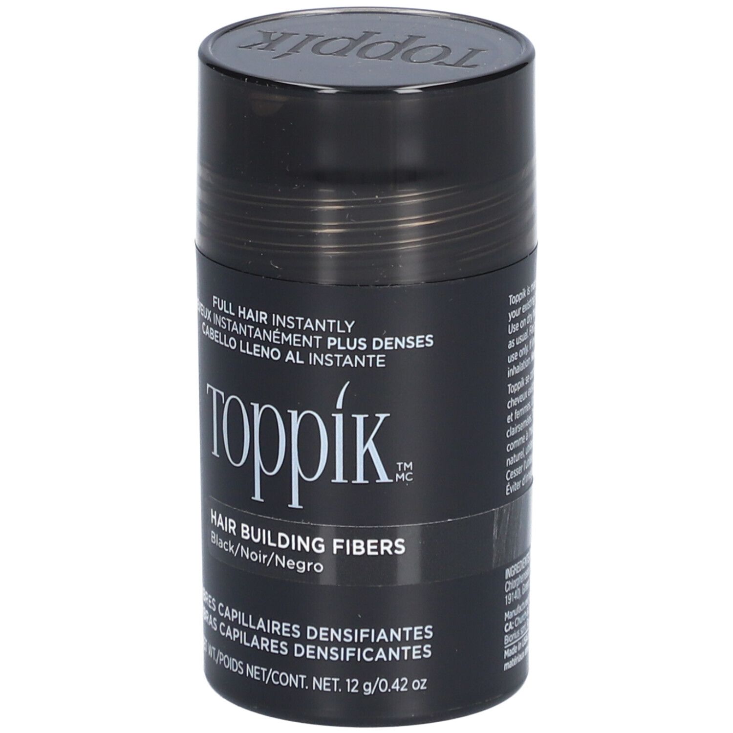 Zwarte Toppik haarvezelpot. Opschrift: Hair Building Fibers. Inhoud: 12 g.