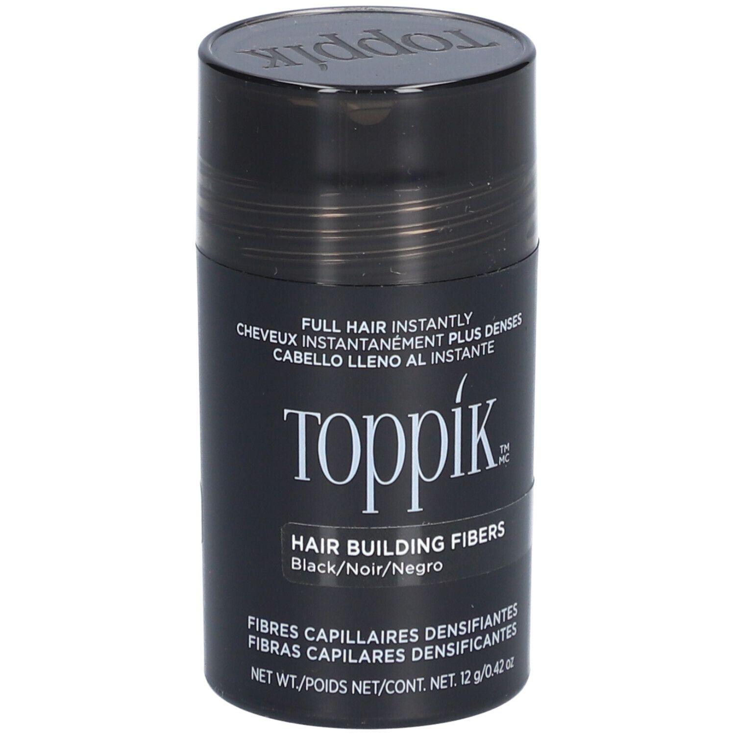 Zwarte Toppik haarvezelpot. Opschrift: Hair Building Fibers. Inhoud: 12 g.