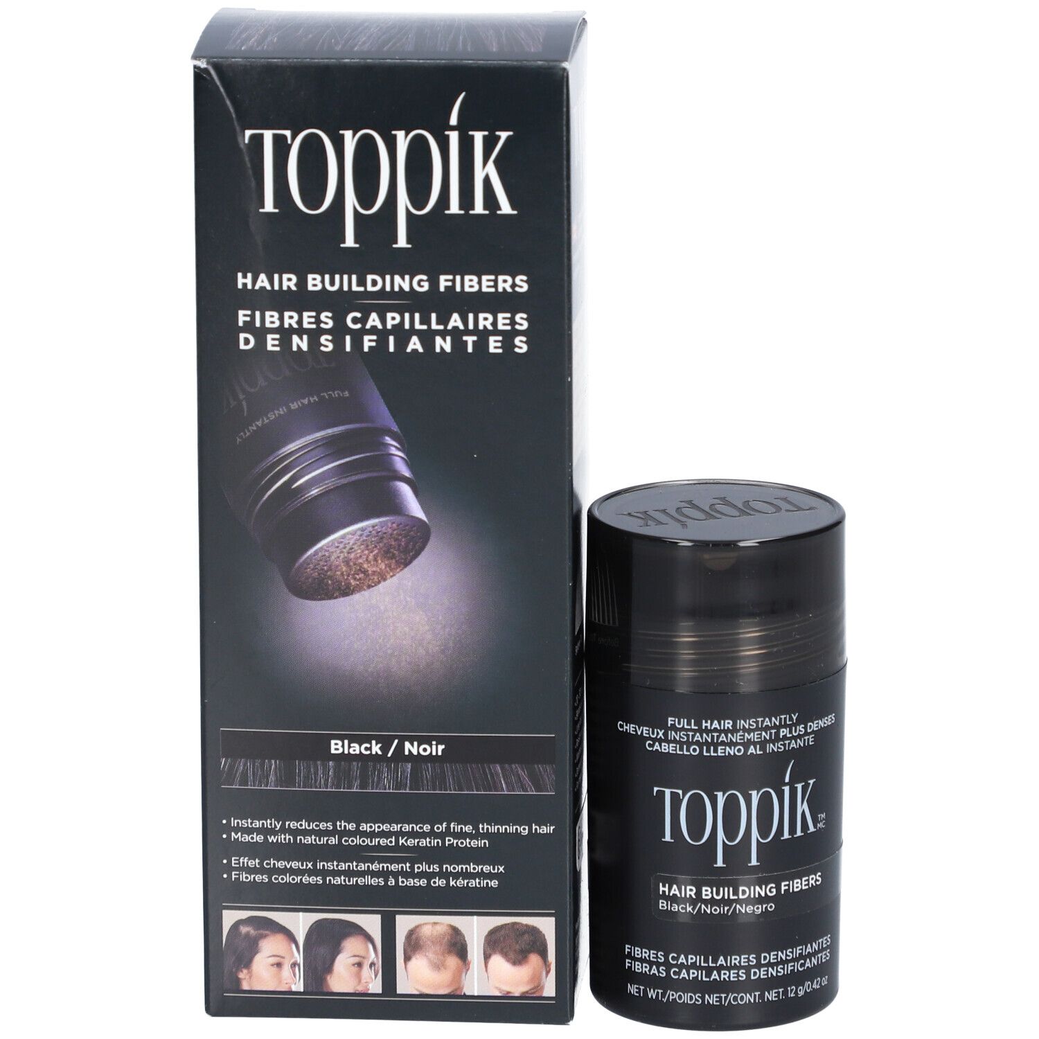 Toppik haarvezelpot en verpakking. Opschrift: Hair Building Fibers. Kleur: Zwart.