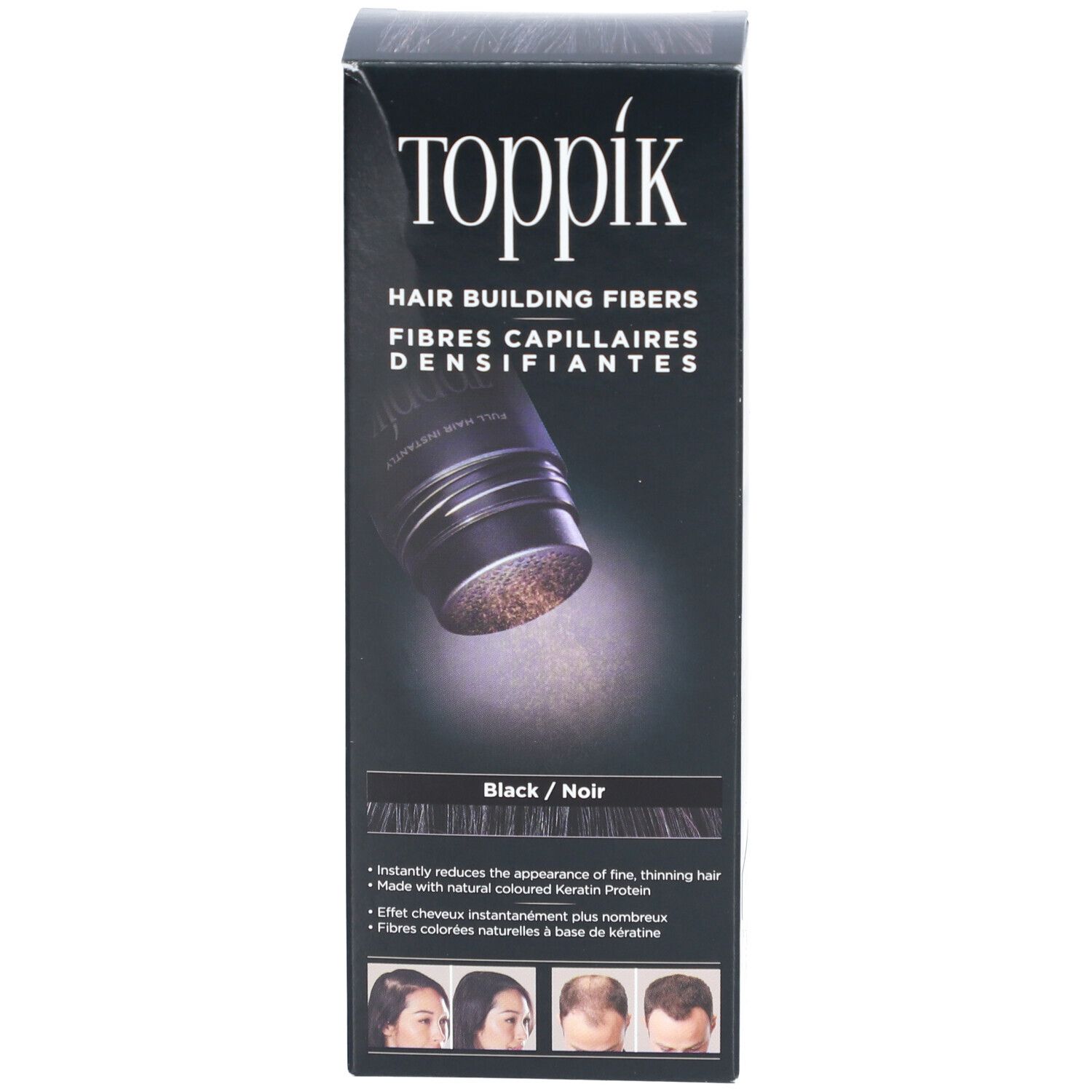 Toppik haarvezelverpakking. Opschrift: Hair Building Fibers. Kleur: Zwart. Illustratie met gebruik.