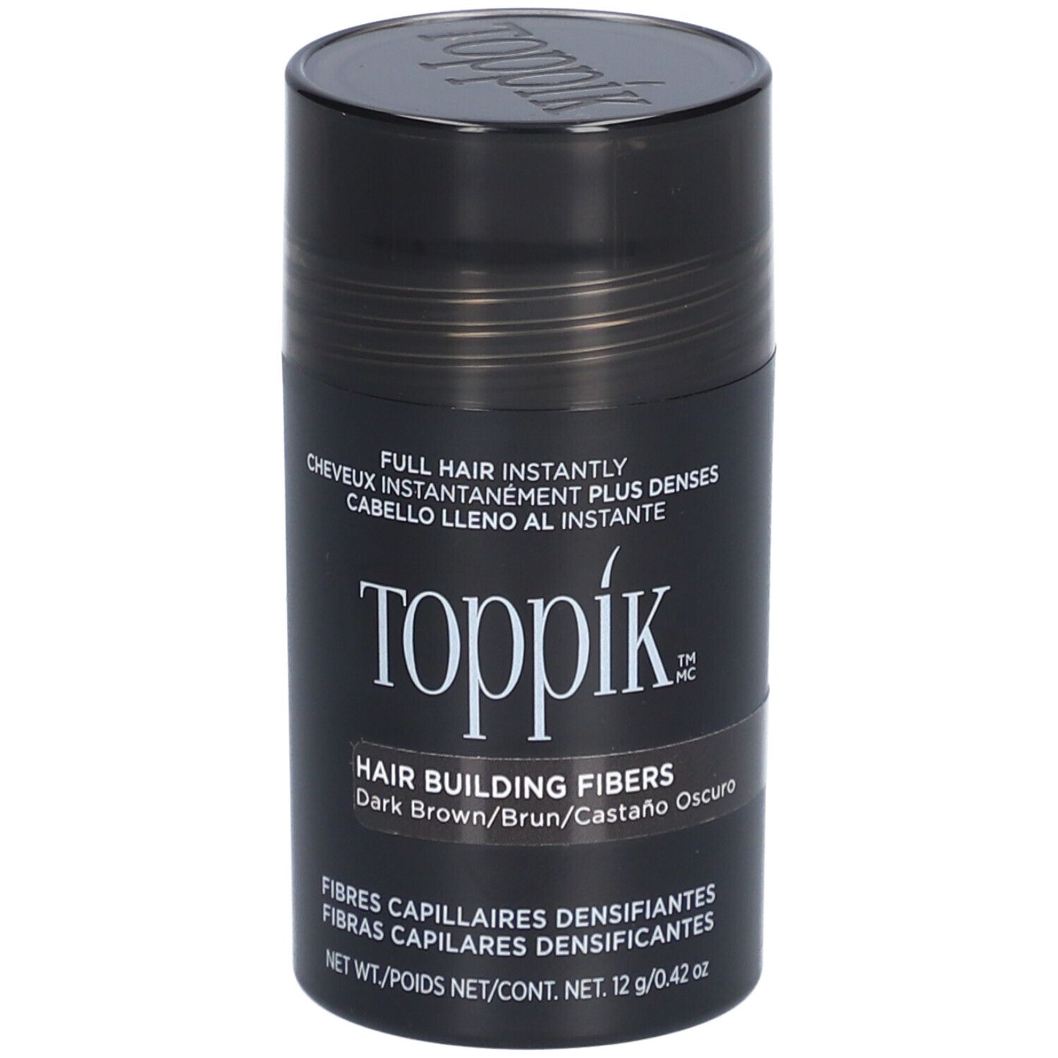 Flacon de fibres capillaires Toppik brun foncé. Texte: Hair Building Fibers, Dark Brown. 12g/0.42 oz.