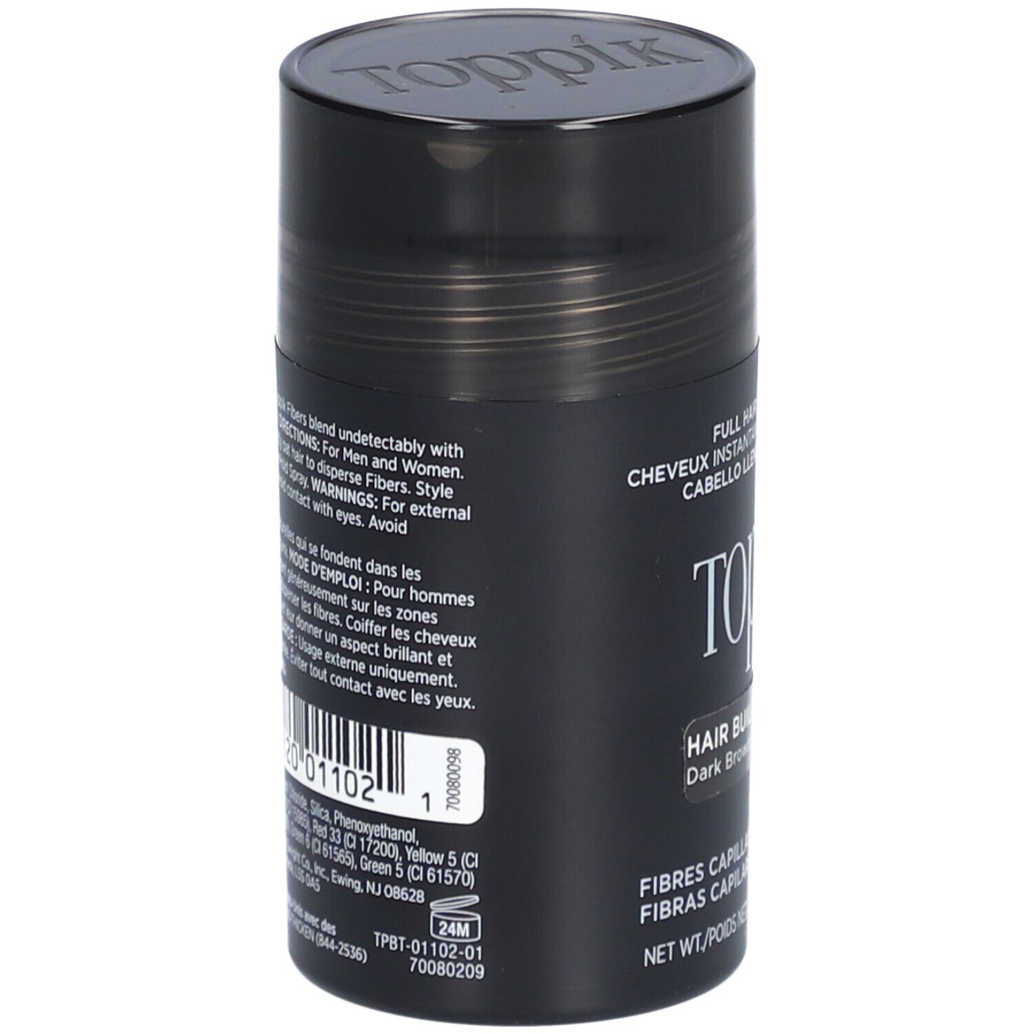 Dos du flacon de fibres capillaires Toppik brun foncé. Texte et ingrédients. 12g/0.42 oz.