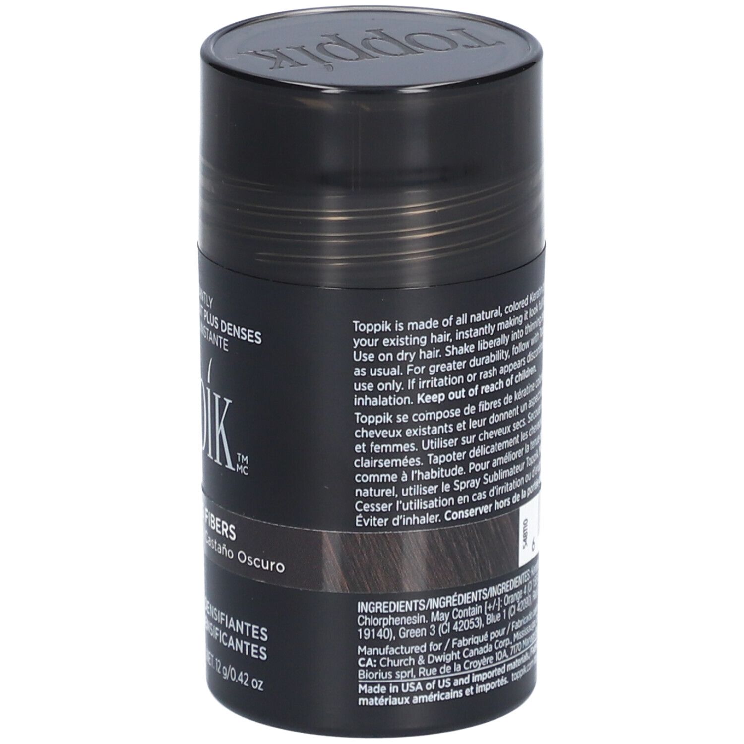 Dos du flacon de fibres capillaires Toppik brun foncé. Texte et ingrédients. 12g/0.42 oz.